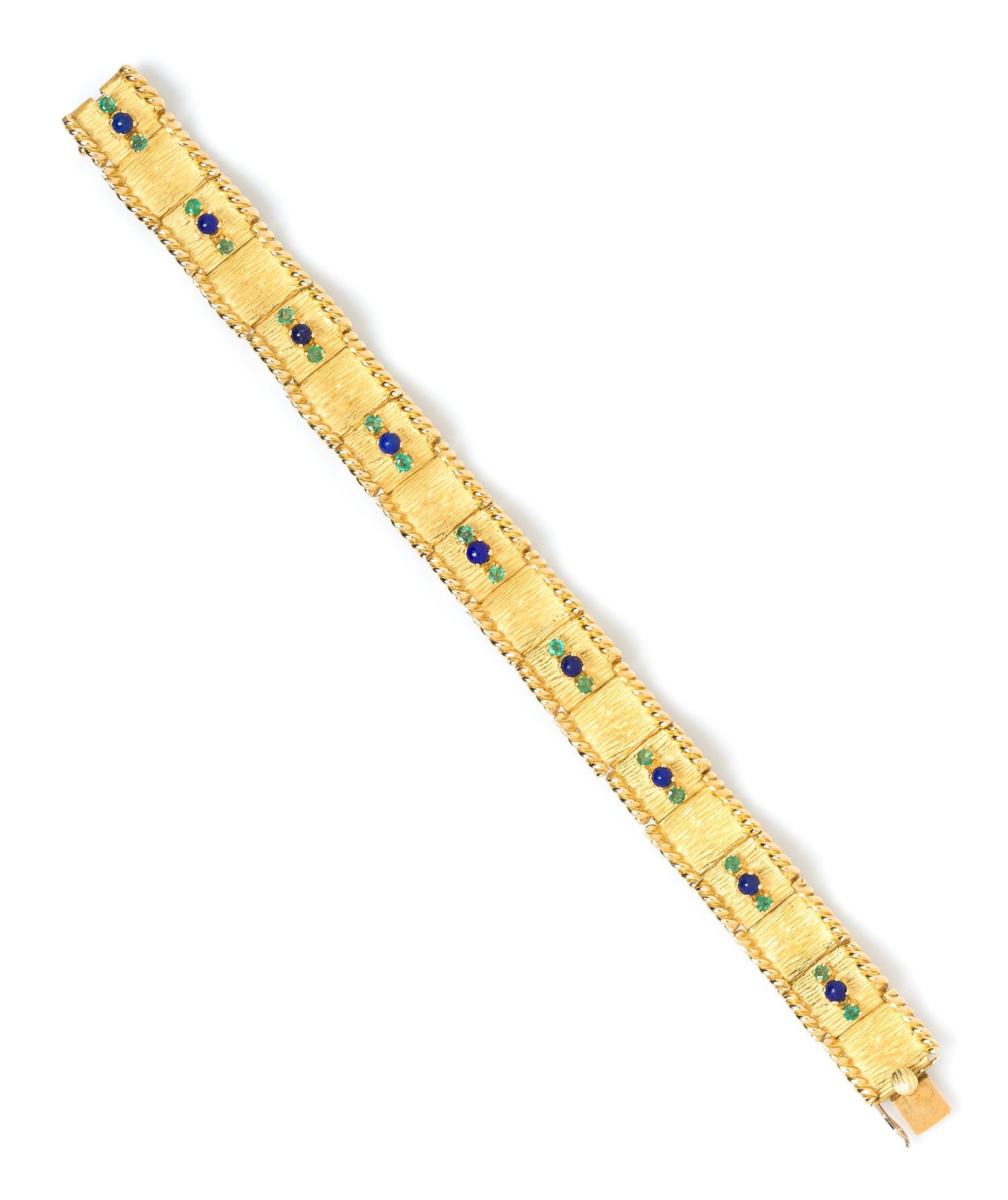An 18 Karat Yellow Gold, Lapis Lazuli and Emerald Bracelet, 32.20 dwts.