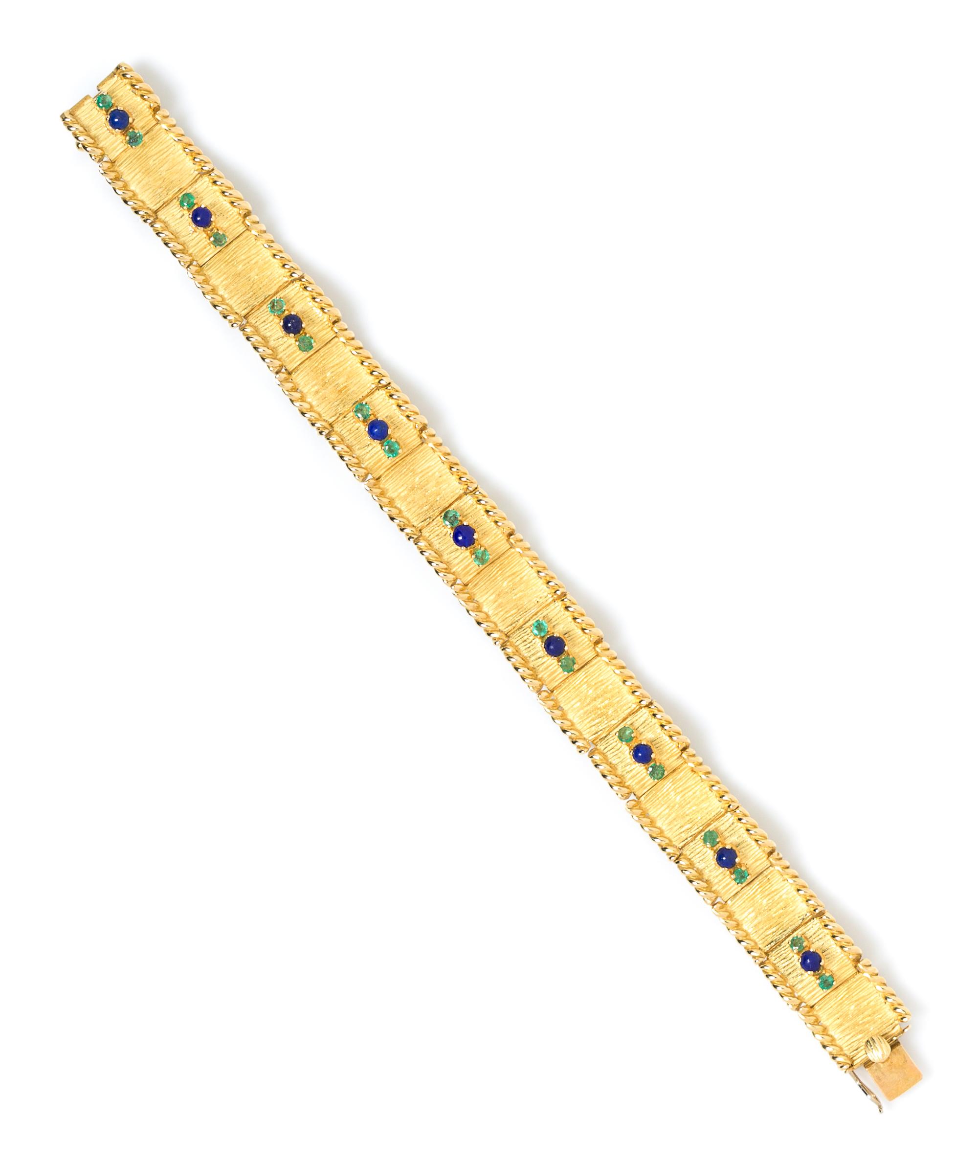 An 18 Karat Yellow Gold, Lapis Lazuli and Emerald Bracelet, 32.20 dwts.