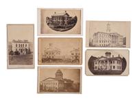 [LINCOLN FUNERAL]. 6 CDVs of Lincoln memorial services and buildings draped in mourning, incl. the Congressional Committee posed in front of Lincoln's Springfield home on the day of his funeral.