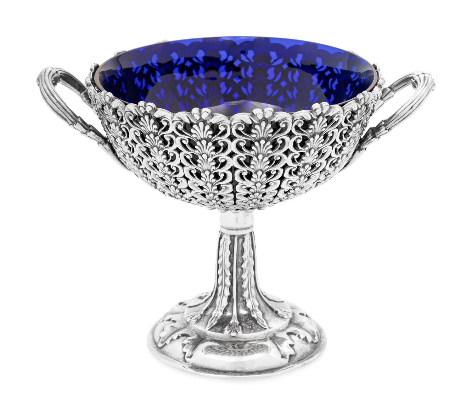 A Victorian Silver Compote with Cobalt Glass Liner
