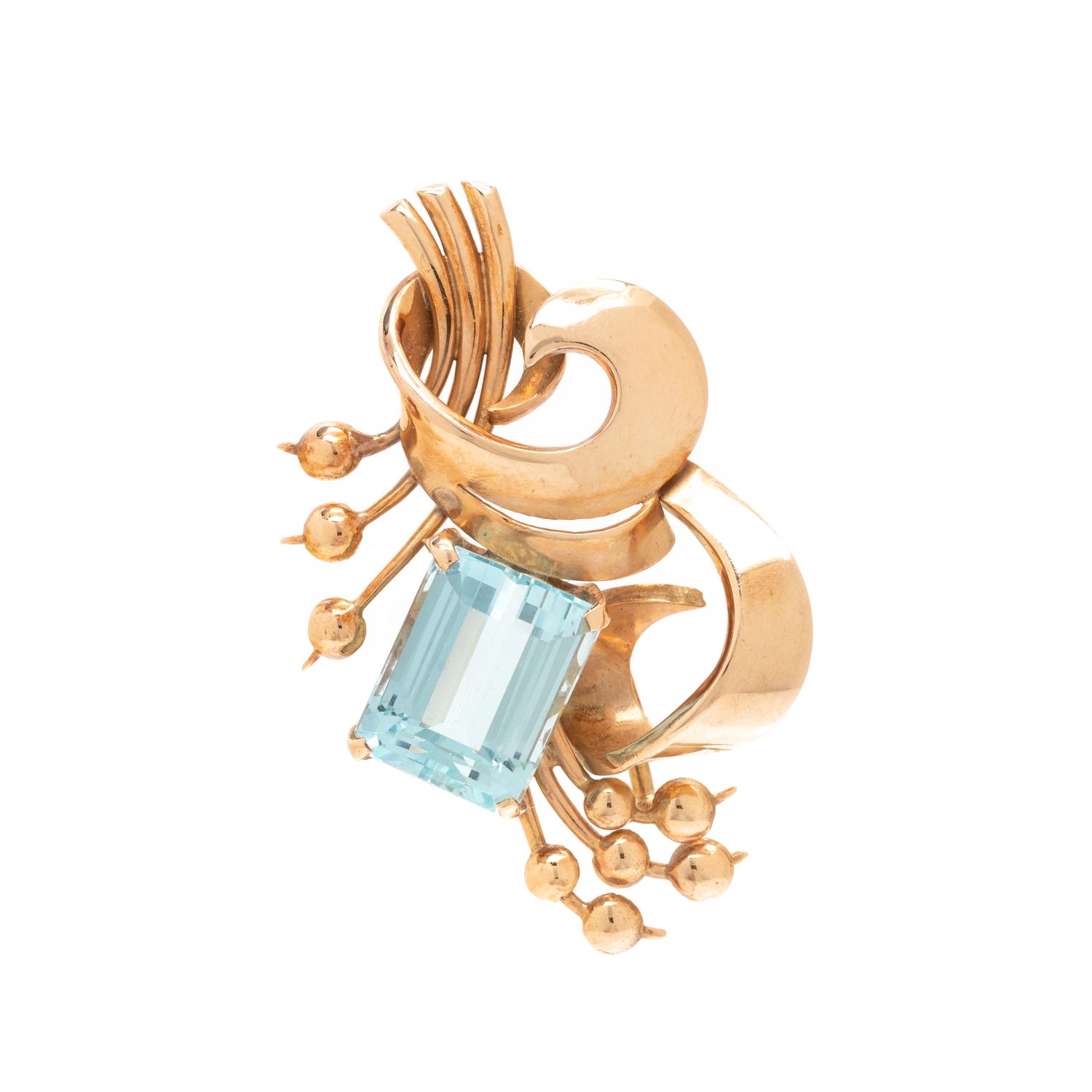 RETRO, YELLOW GOLD AND AQUAMARINE BROOCH