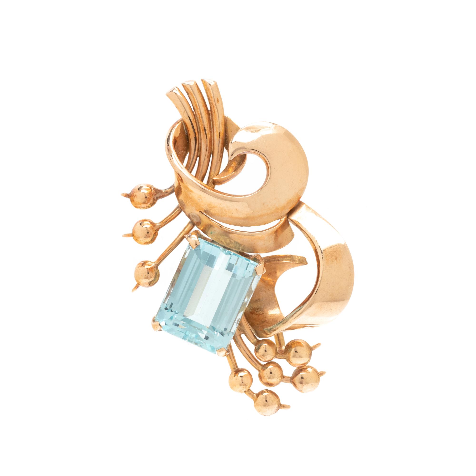 RETRO, YELLOW GOLD AND AQUAMARINE BROOCH