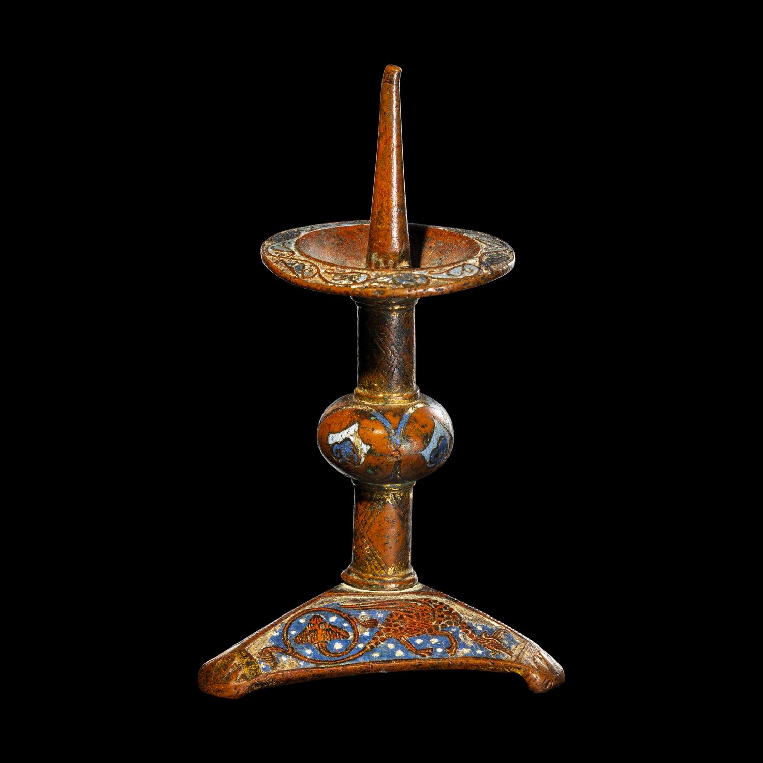 A Limoges Gilt-Copper and Champleve Enamel Candlestick