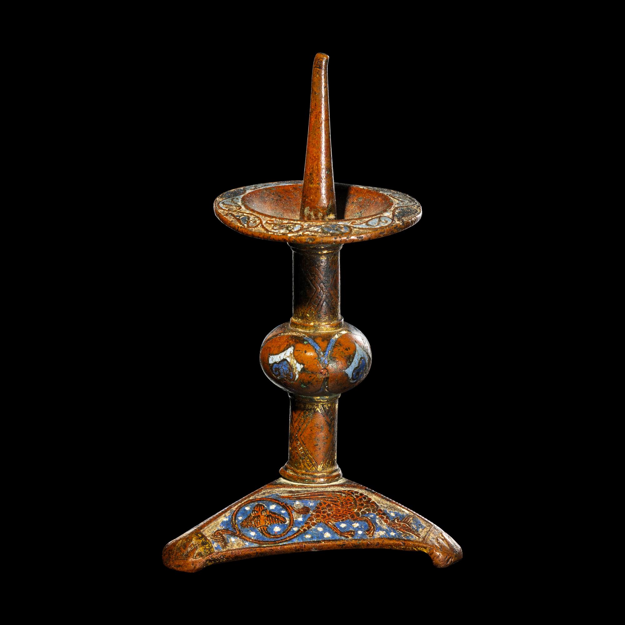 A Limoges Gilt-Copper and Champleve Enamel Candlestick