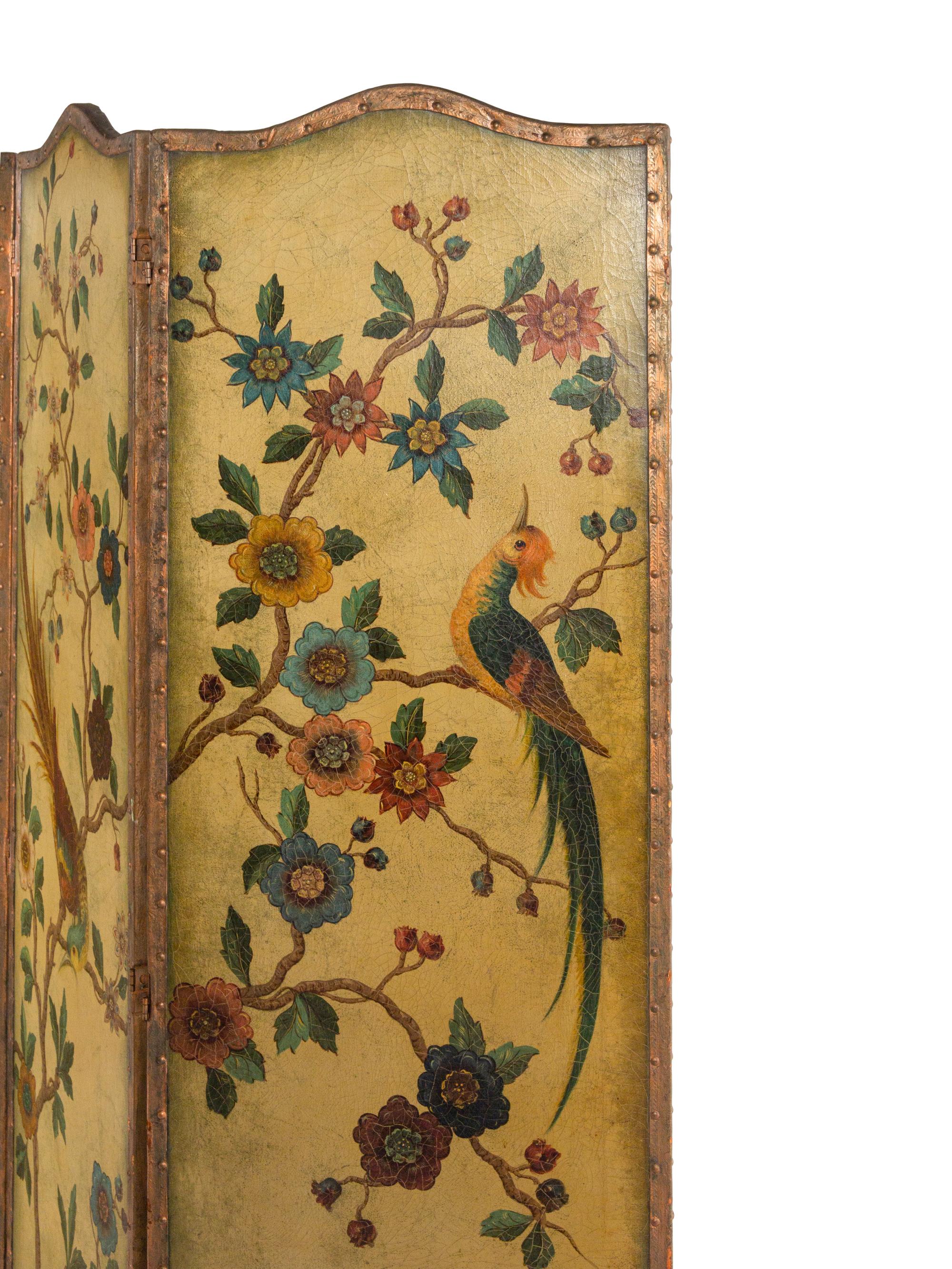 A Continental Painted Leather Three-Panel Floor Screen