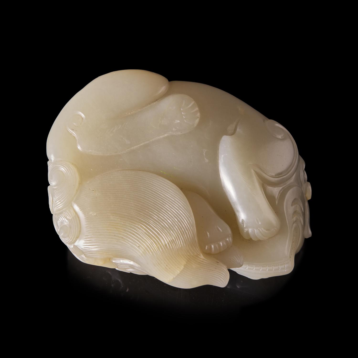 A Chinese Carved Greyish-White Jade Mythical Beasts Group 灰白玉太獅少獅