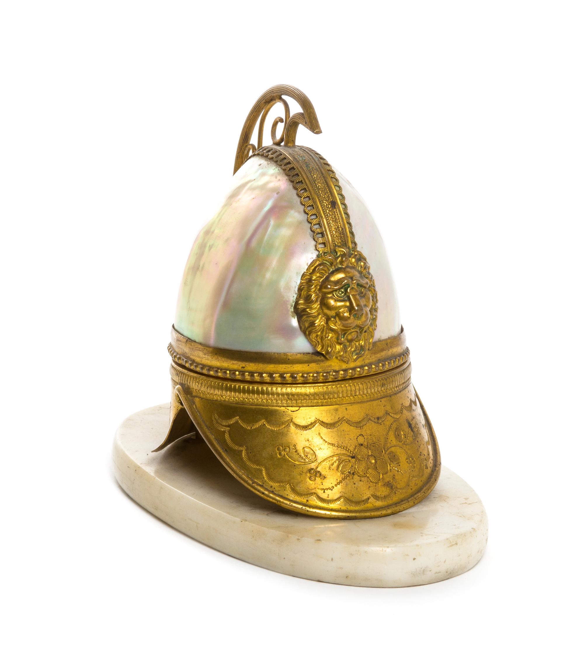 A Brass and Abalone Inset Pocket Watch Stand, Height 4 1/2 inches.