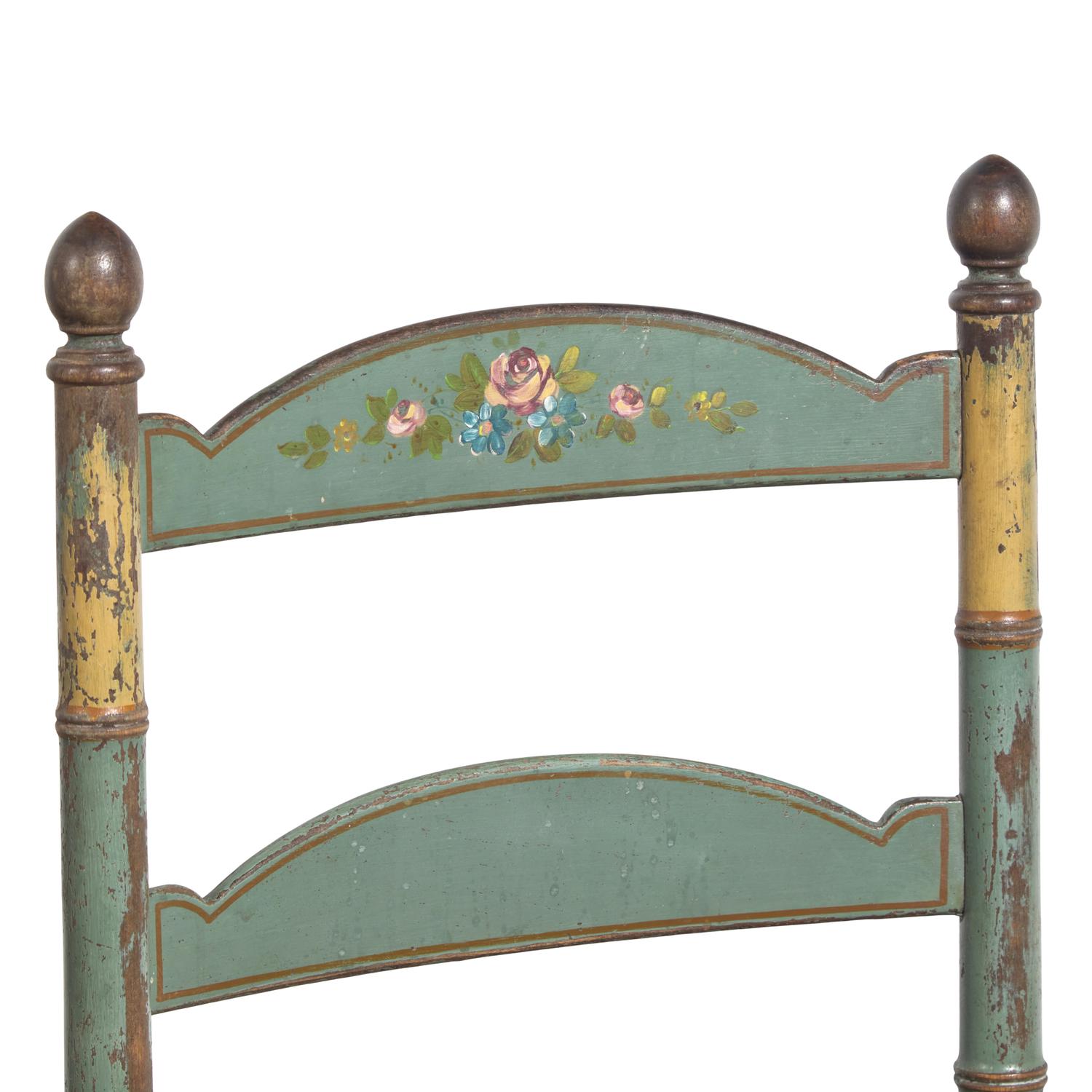 A Pair of Green-Painted and Decorated Ladder-Back Rush-Seat Side Chairs