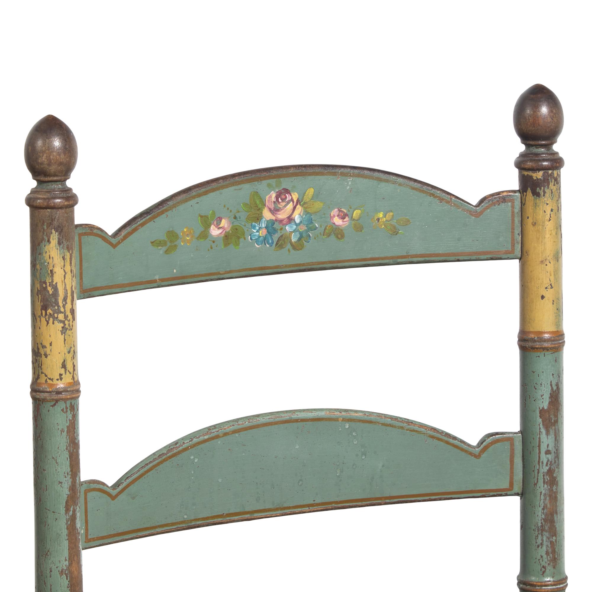 A Pair of Green-Painted and Decorated Ladder-Back Rush-Seat Side Chairs
