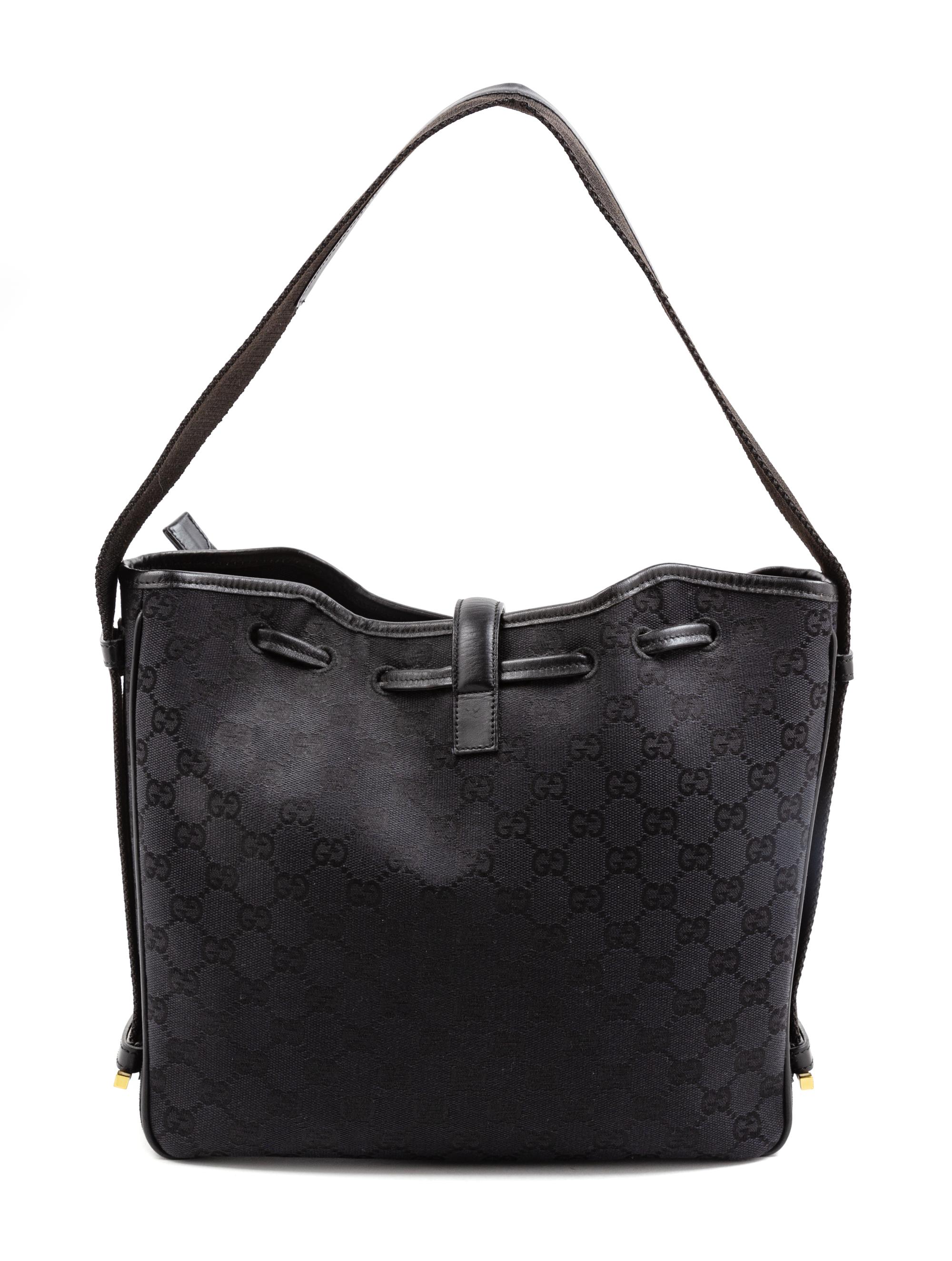 A Gucci Black Monogram Canvas Square Shoulder Bag, 10.5" H x 11" W x 3" D; Shoulder strap: 8.5".