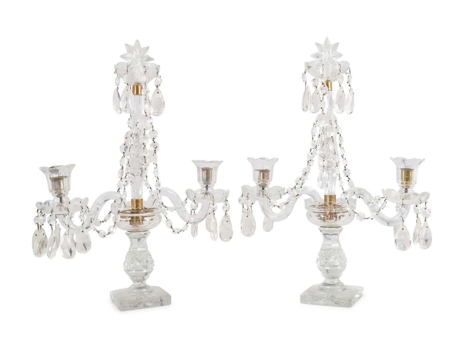 A Pair of Cut and Faceted Glass Two-Light Girandole Candelabra