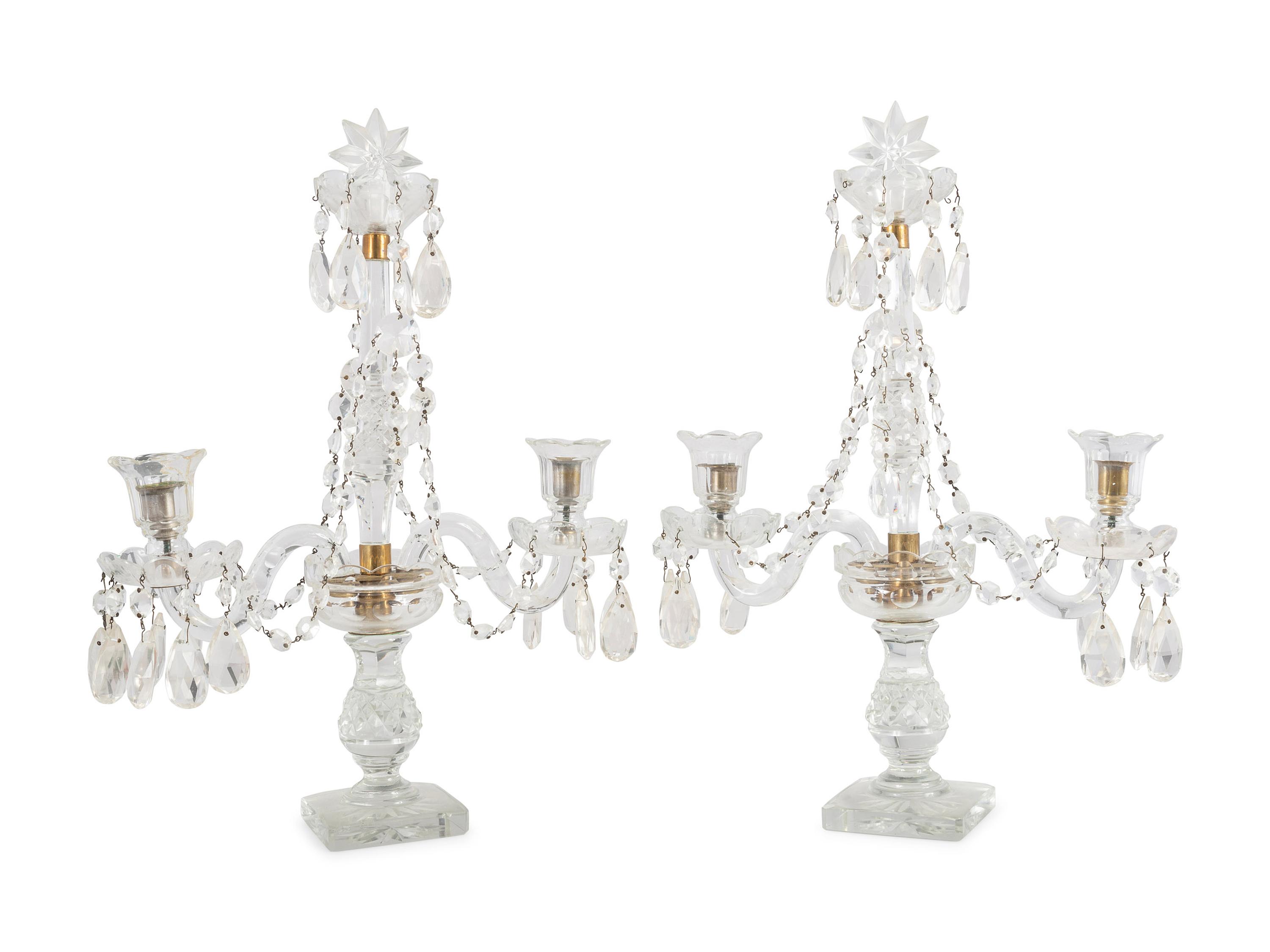 A Pair of Cut and Faceted Glass Two-Light Girandole Candelabra