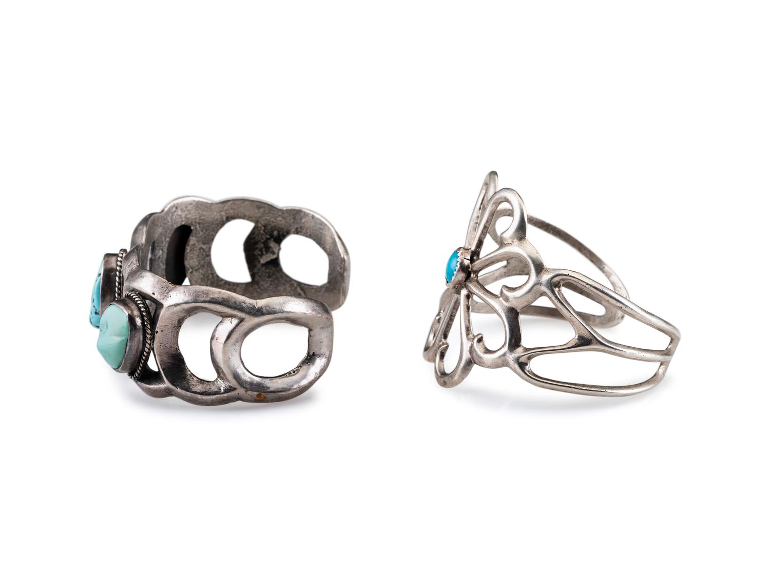 Navajo Sandcast Silver and Turquoise Cuff Bracelets