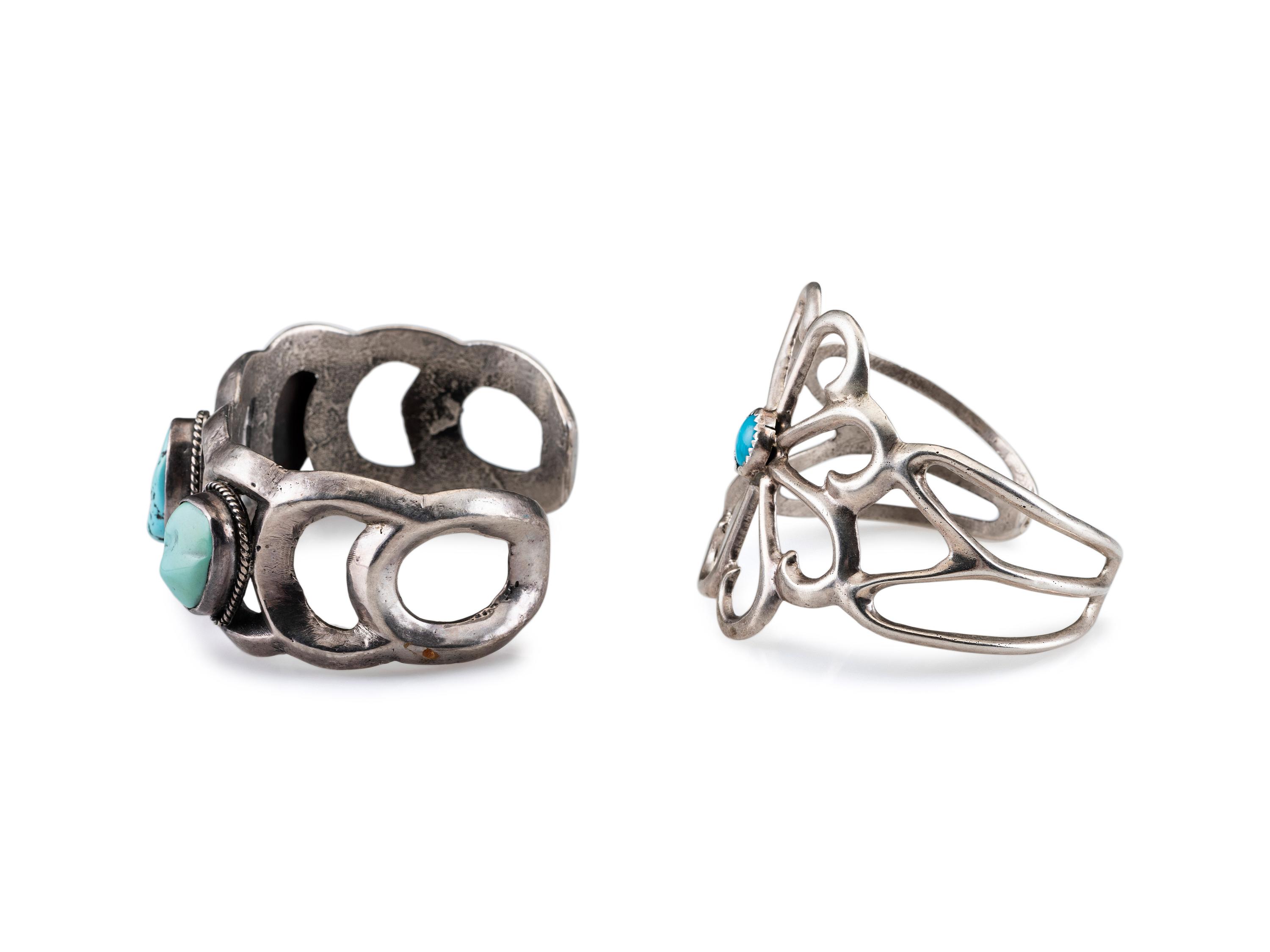 Navajo Sandcast Silver and Turquoise Cuff Bracelets