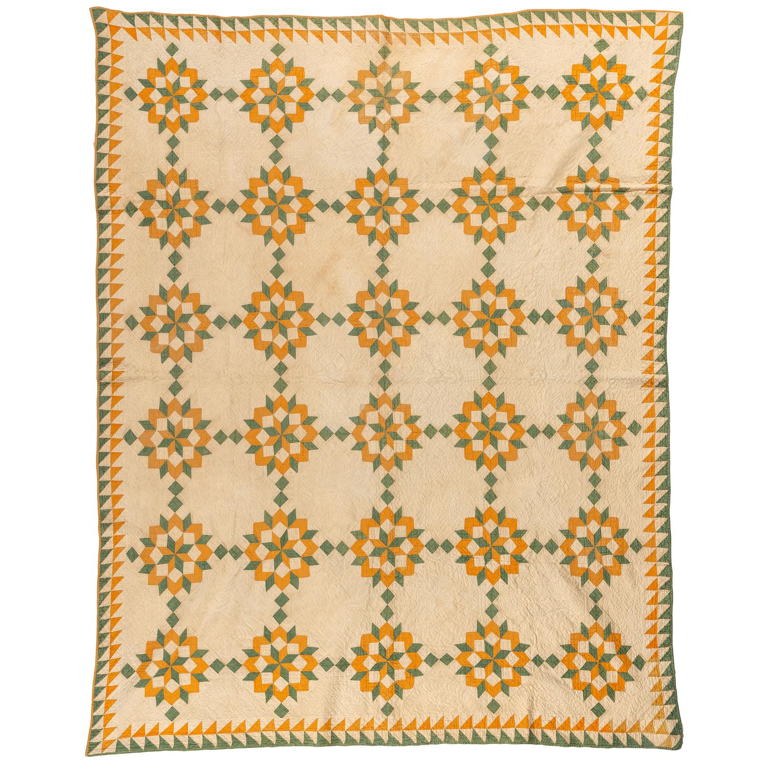An Octagonal Star Pattern Quilt in Green and Gold