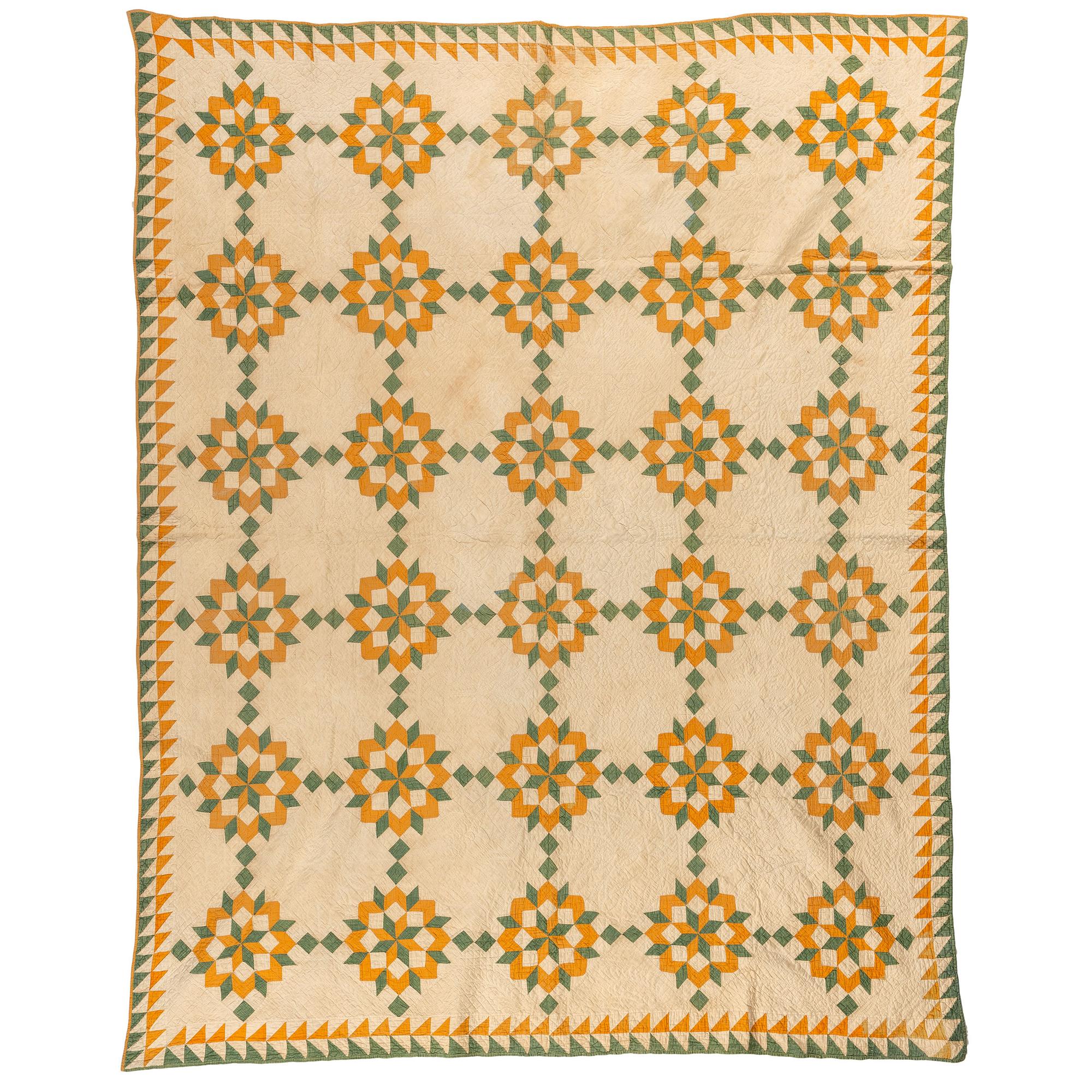 An Octagonal Star Pattern Quilt in Green and Gold