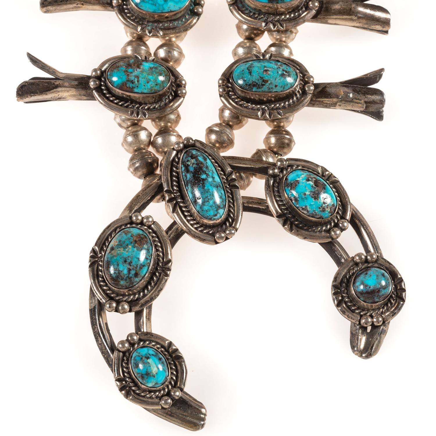 Navajo Silver and Turquoise Squash Blossom Necklace