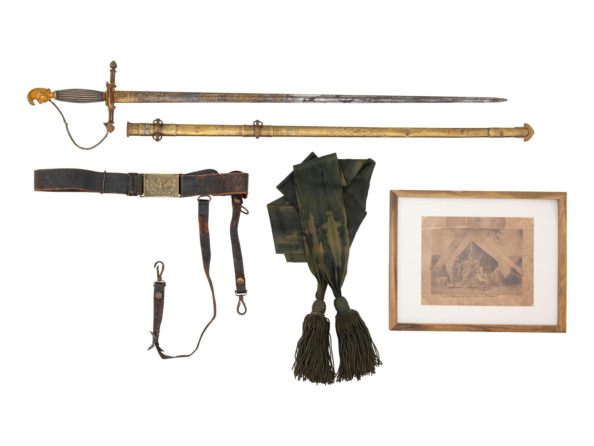 [CIVIL WAR]. Sword, war-date photograph, medical officer's sash, belt and buckle identified to Surgeon William J. McDermott, New York.