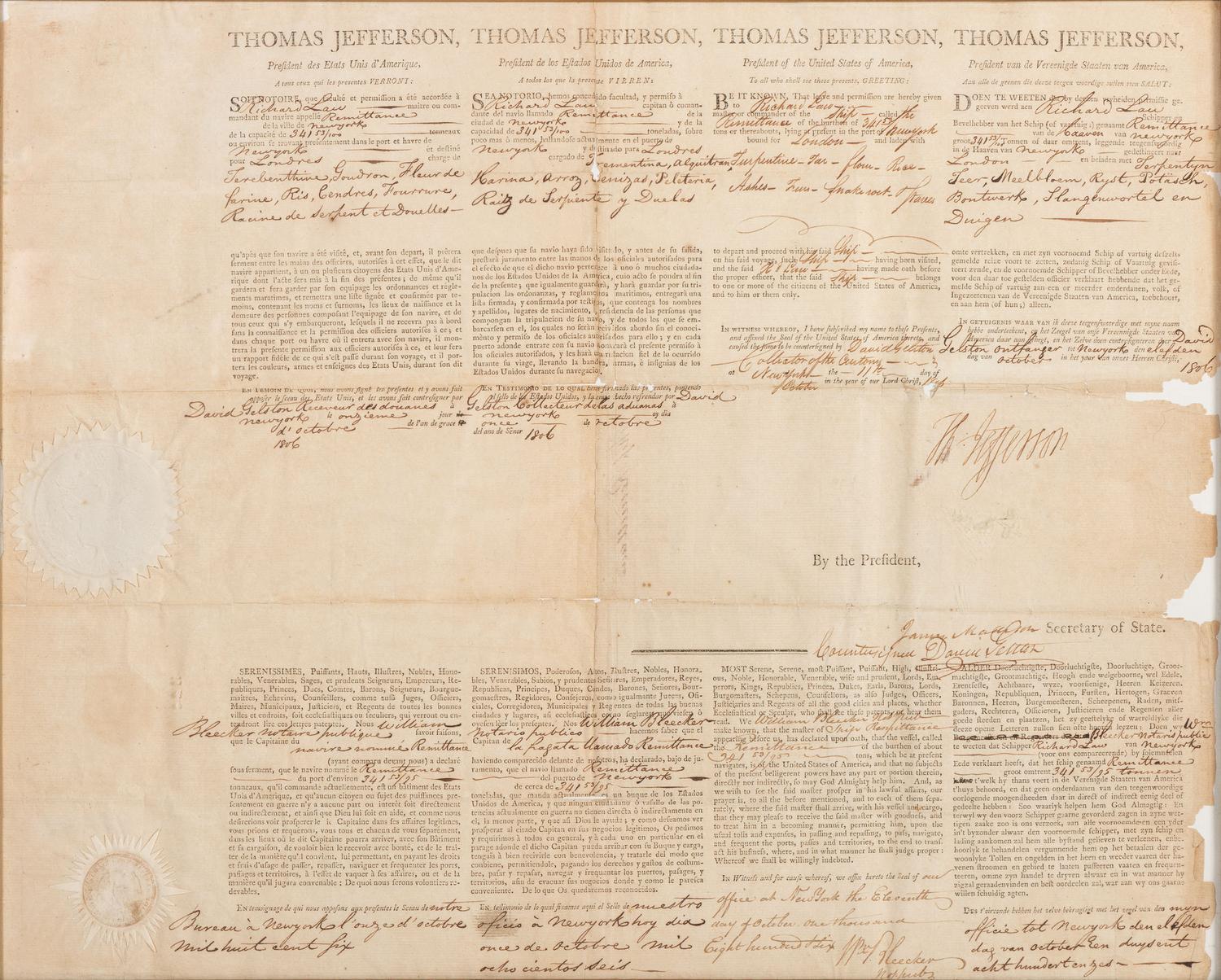 JEFFERSON, Thomas (1743-1826). Partly printed document signed (“Thomas Jefferson”), as President, countersigned by James Madison as Secretary of State, 1806.