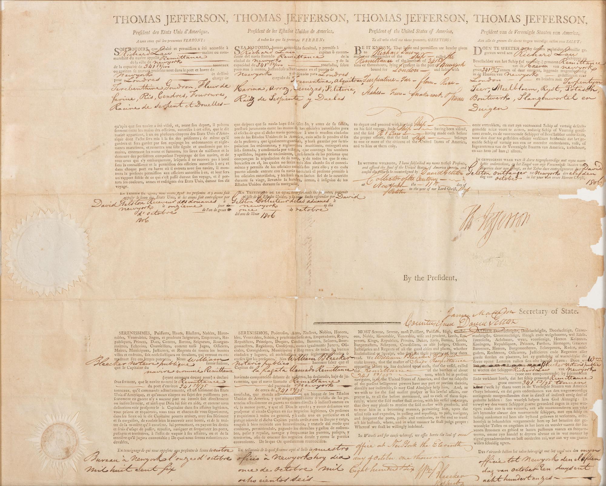 JEFFERSON, Thomas (1743-1826). Partly printed document signed (“Thomas Jefferson”), as President, countersigned by James Madison as Secretary of State, 1806.