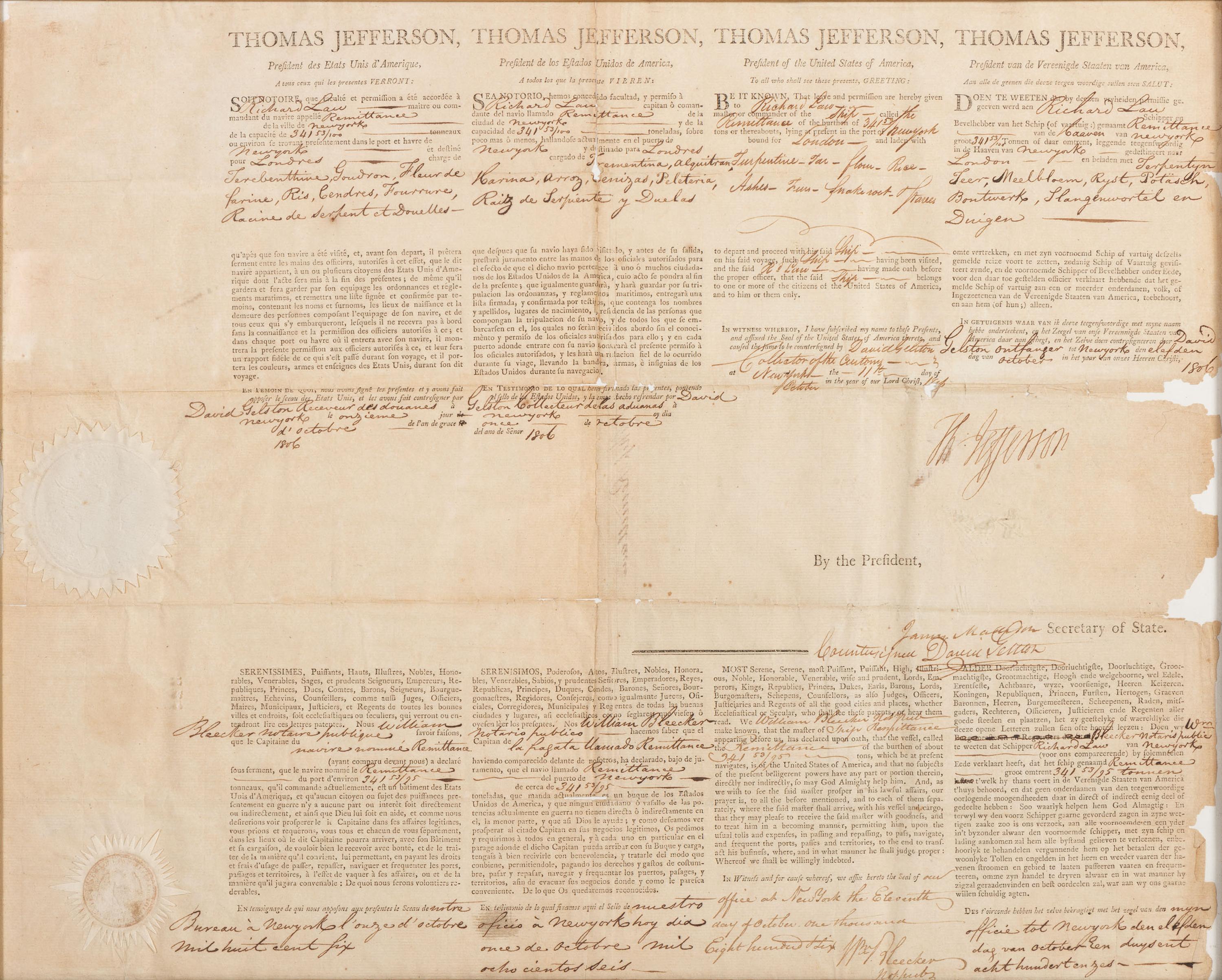 JEFFERSON, Thomas (1743-1826). Partly printed document signed (“Thomas Jefferson”), as President, countersigned by James Madison as Secretary of State, 1806.