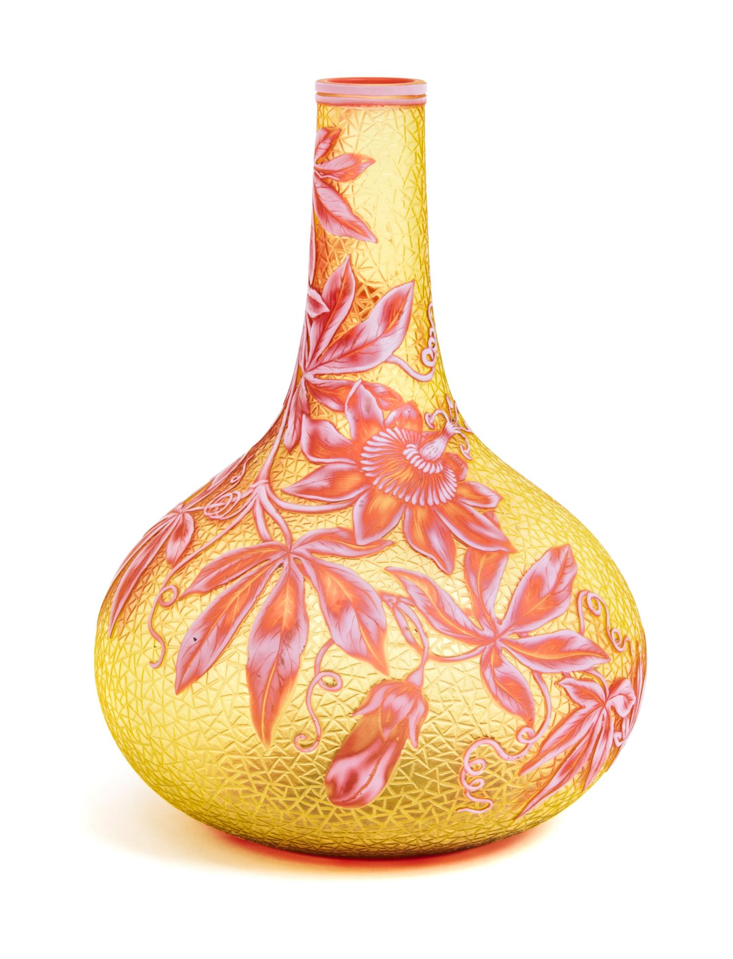 English, LATE 19TH CENTURY, a cameo glass vase, of bottle form with foliate decoration on a crackle ground