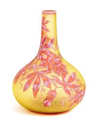 English, LATE 19TH CENTURY, a cameo glass vase, of bottle form with foliate decoration on a crackle ground