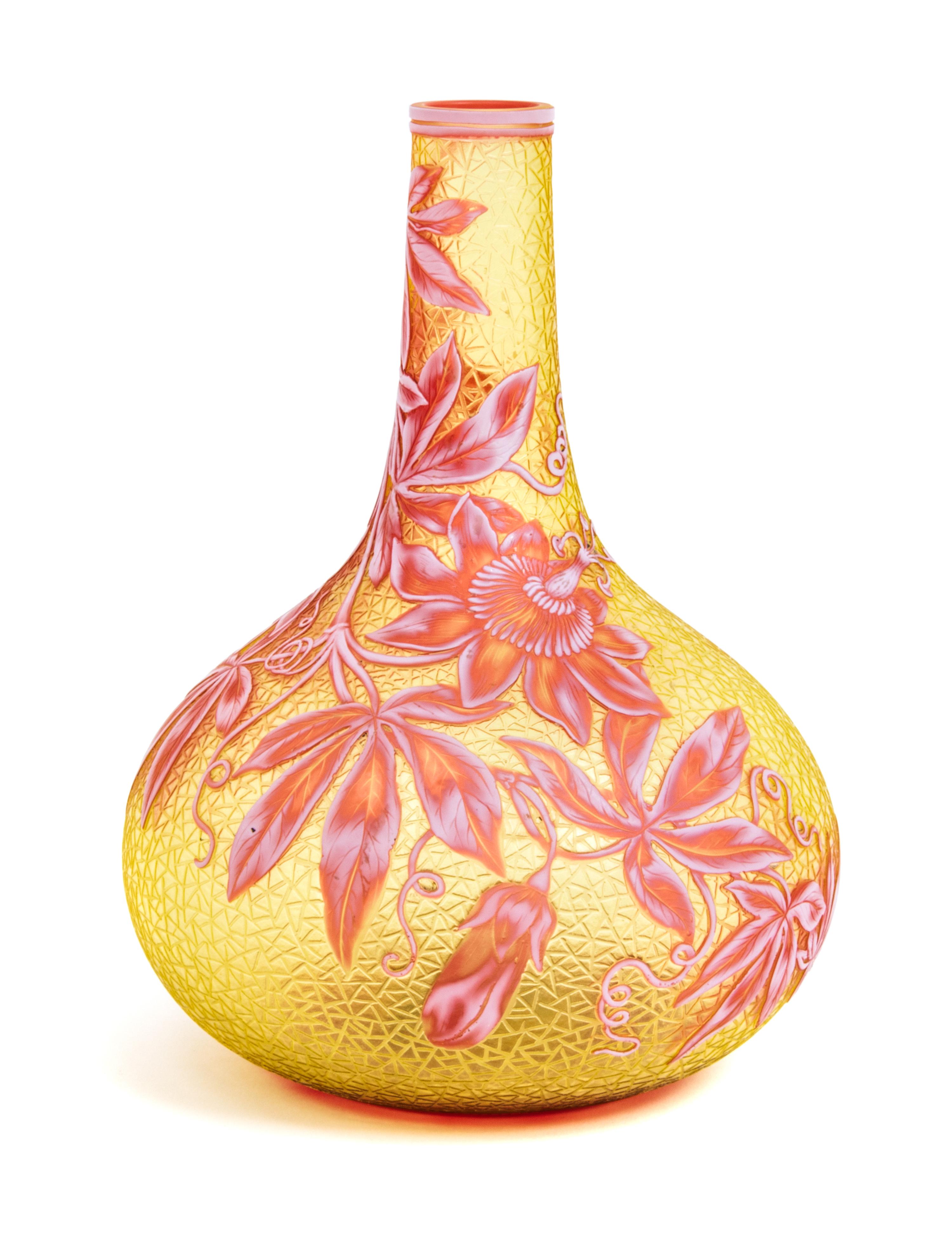 English, LATE 19TH CENTURY, a cameo glass vase, of bottle form with foliate decoration on a crackle ground