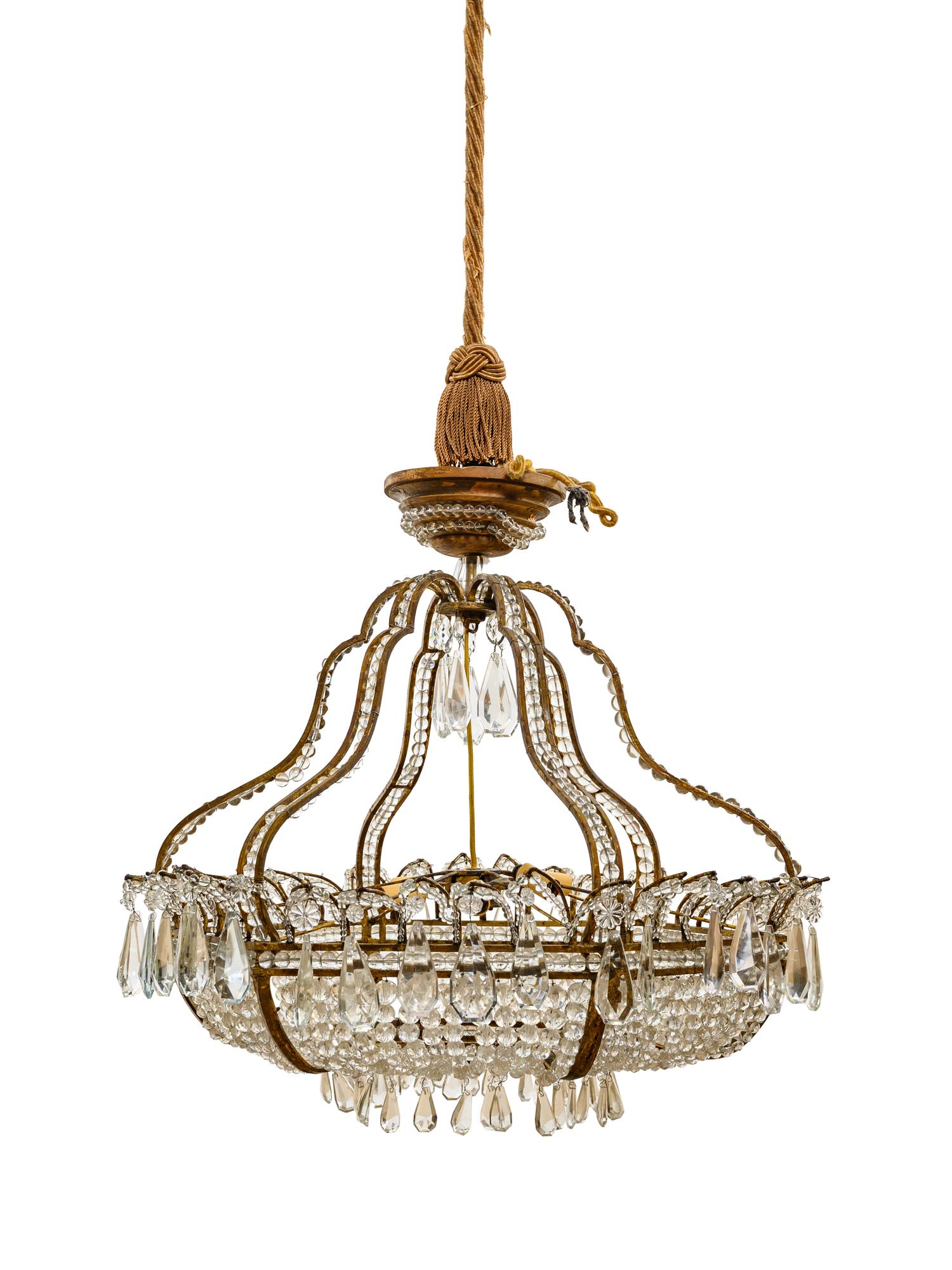 An Italian Beaded Gilt Metal Six-Light Chandelier with a Rope Canopy