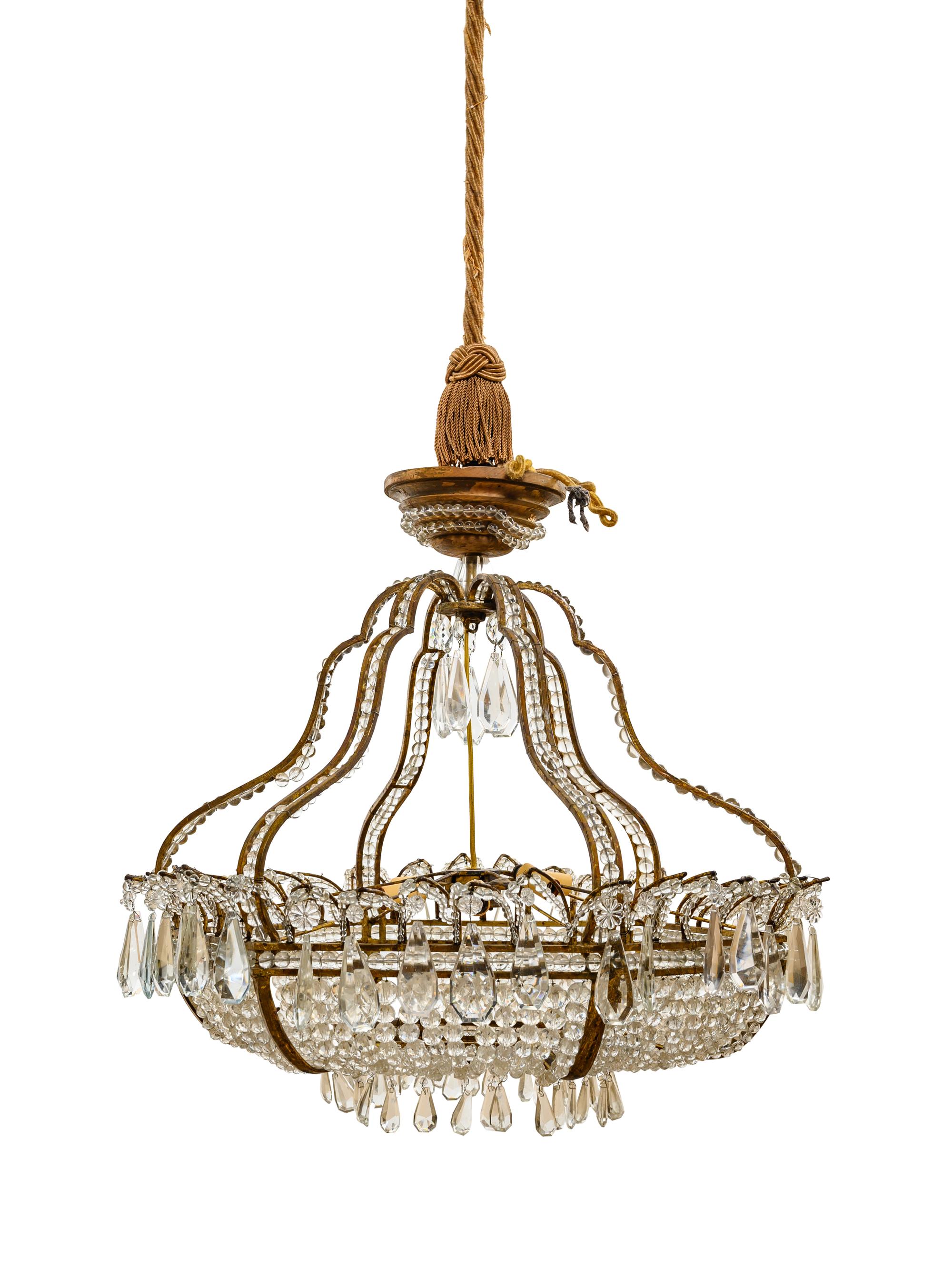 An Italian Beaded Gilt Metal Six-Light Chandelier with a Rope Canopy
