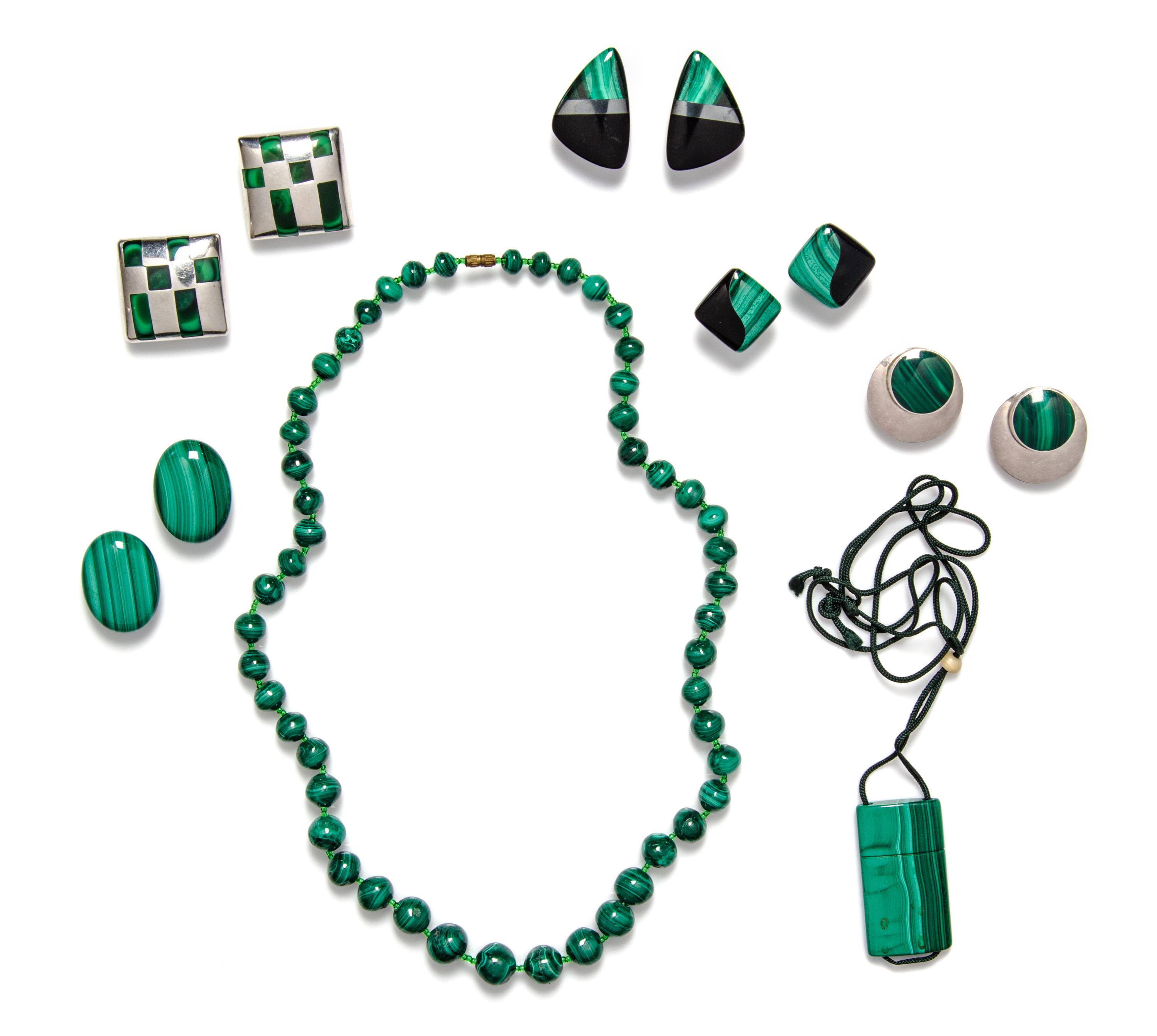 A Collection of Silver, Malachite, and Onyx Jewelry, 135.30 dwts.