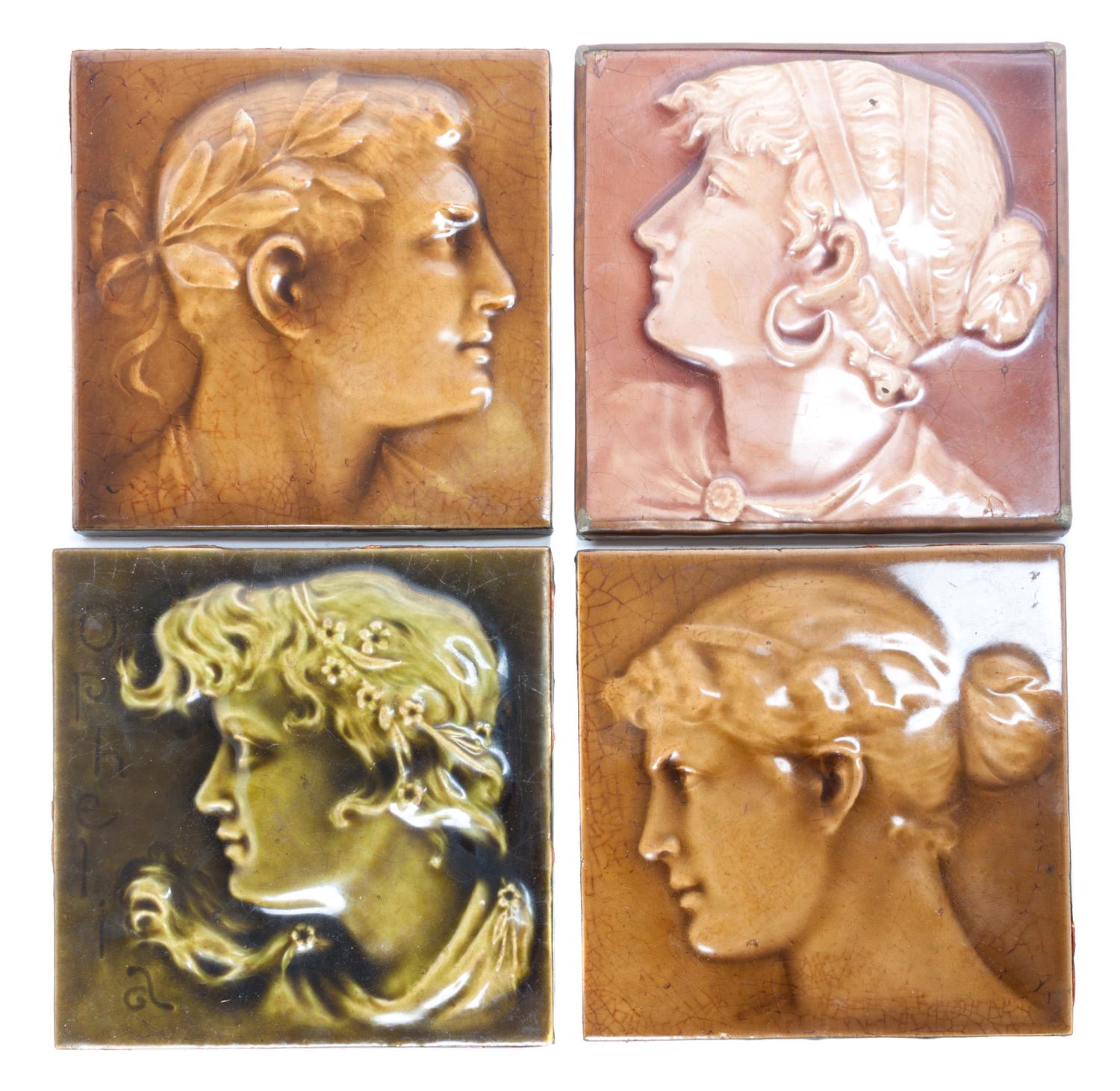 Ten Pottery Tiles Average size: 6 1/2 x 6 1/2 inches.