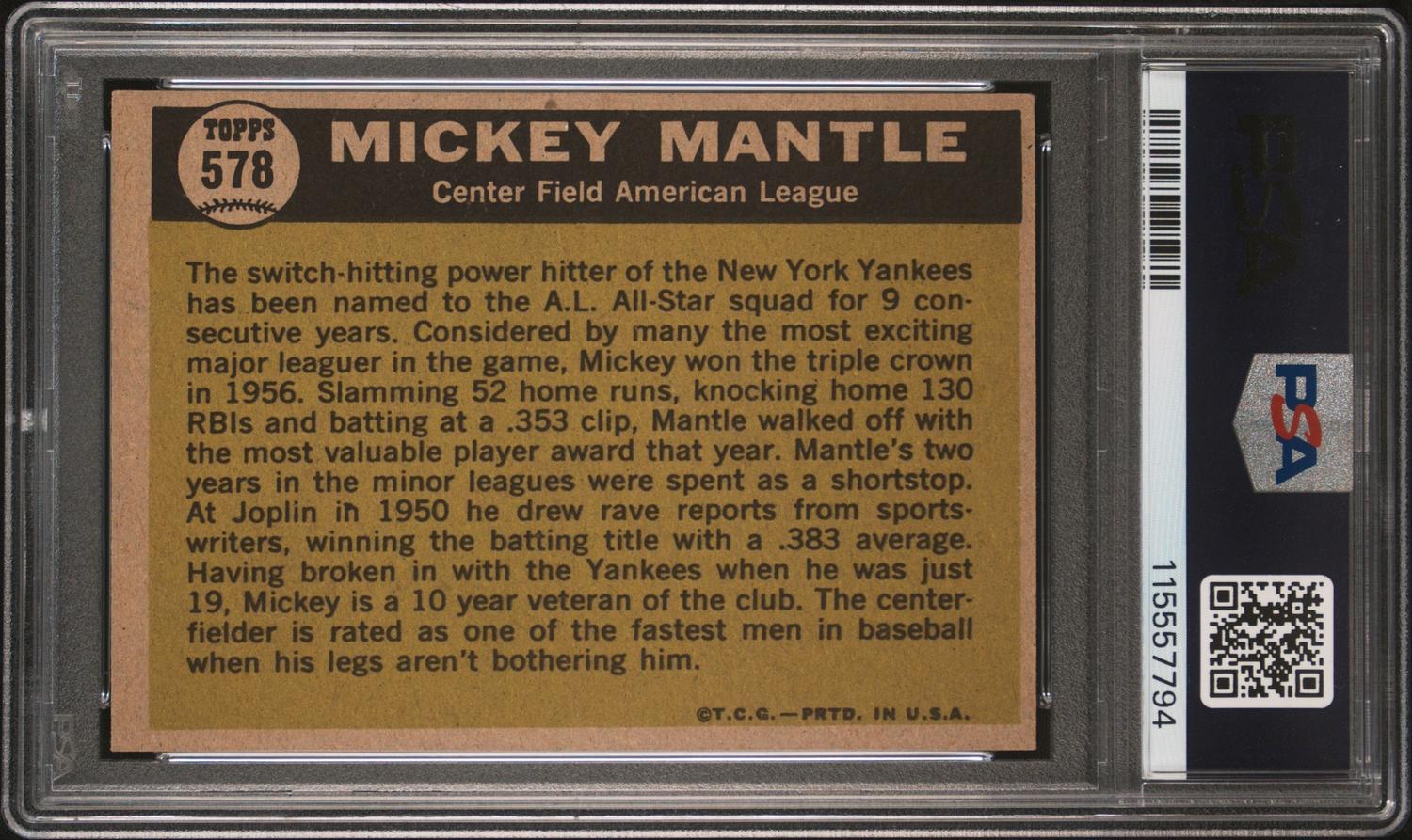 A 1961 Topps Mickey Mantle All Star Baseball Card No. 578 (PSA 6 EX-MT) from The Collection of David Eisenhower