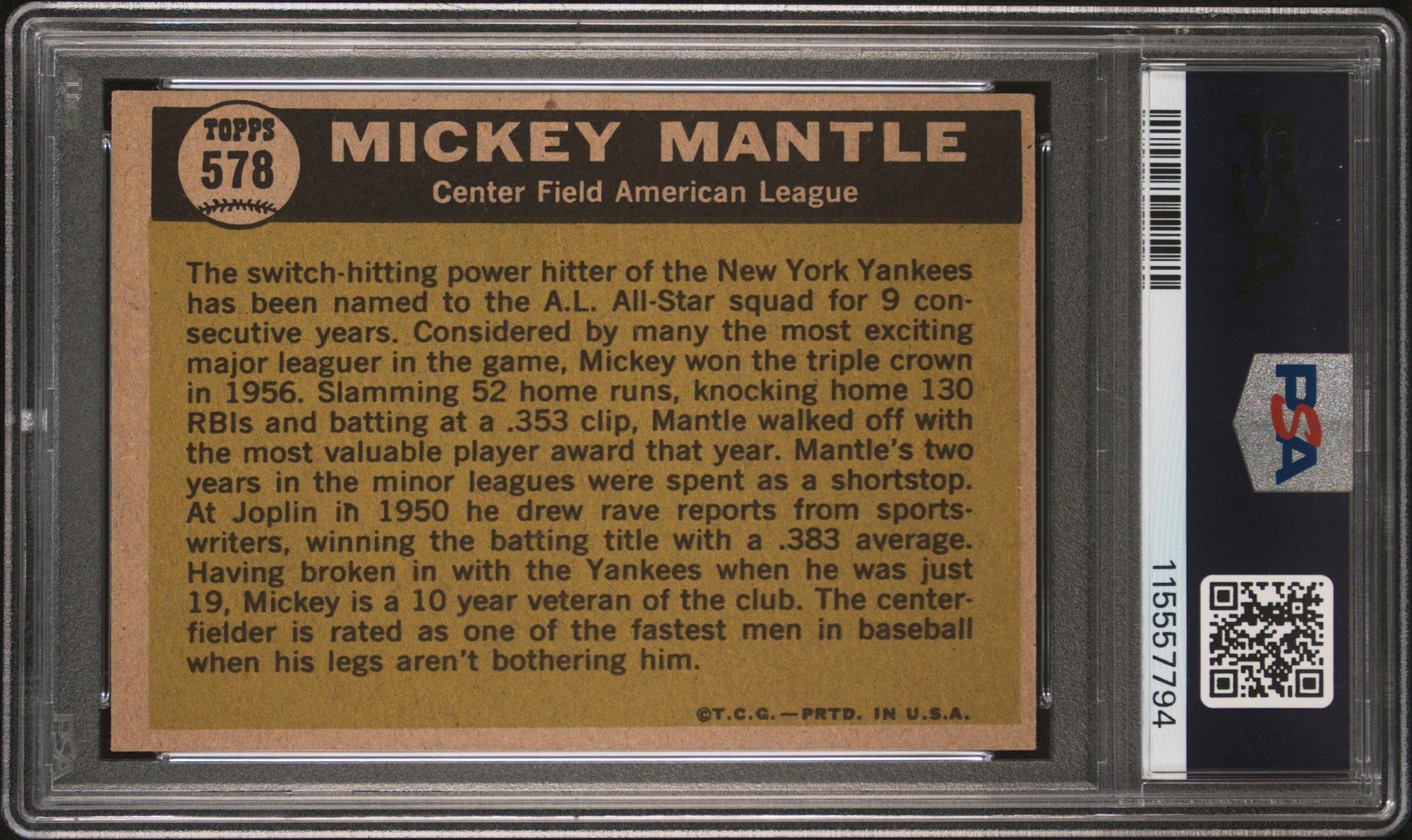 A 1961 Topps Mickey Mantle All Star Baseball Card No. 578 (PSA 6 EX-MT) from The Collection of David Eisenhower