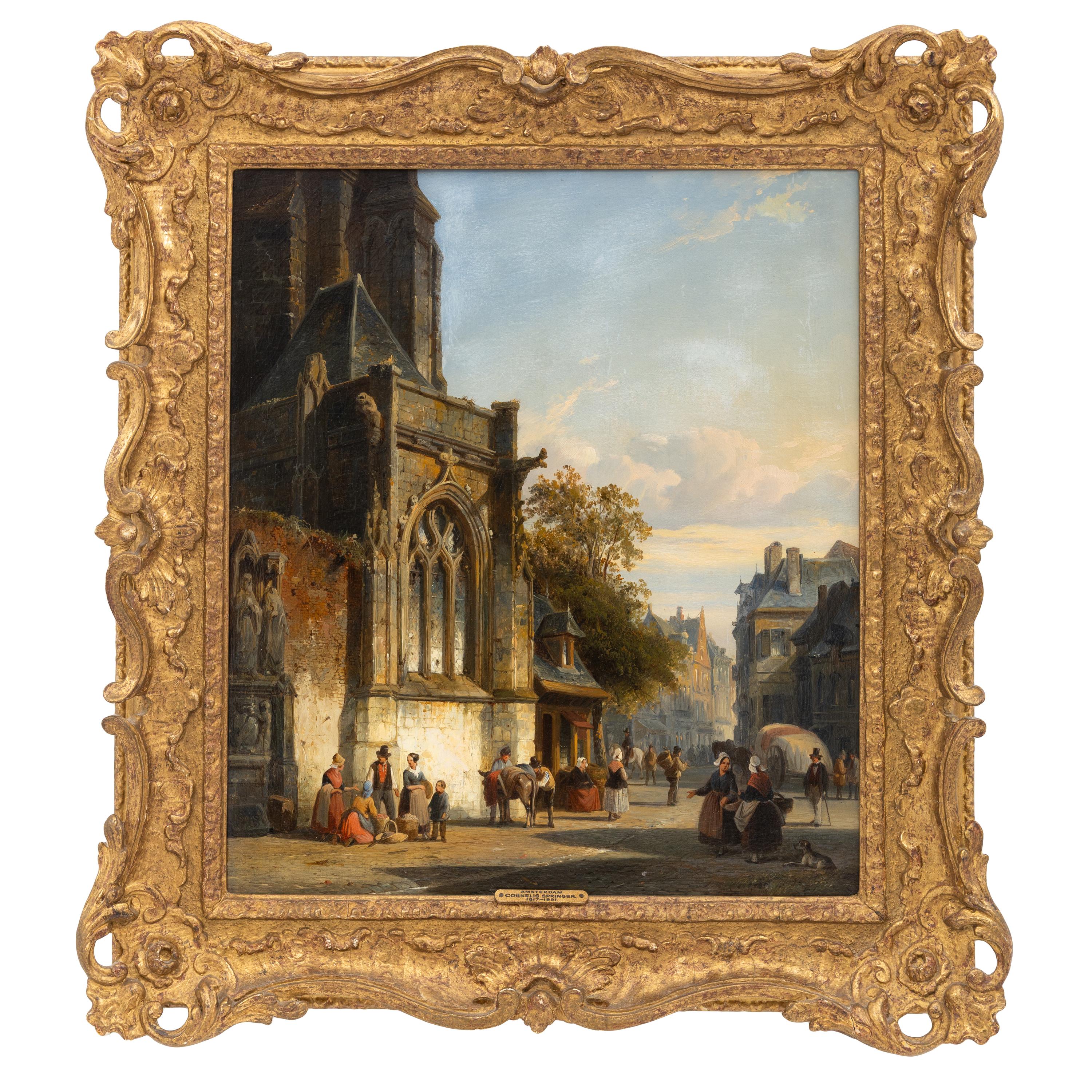Cornelis Springer (Dutch, 1817-1891) — Figures Outside Church, Amsterdam , 1846