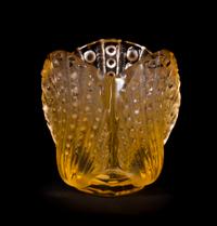 A Lalique Molded and Frosted Amber Glass Vase, Height 4 5/8 inches.