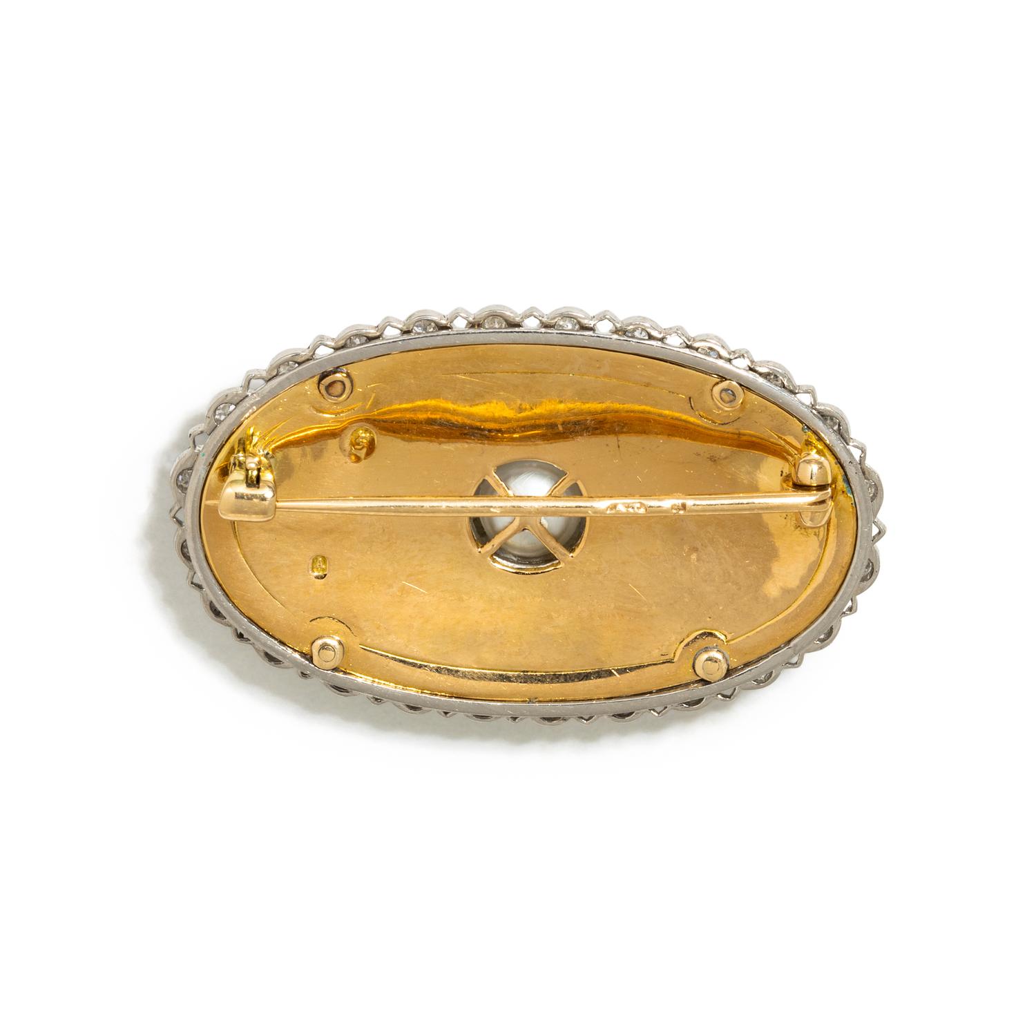 EDWARDIAN, GUILLOCHE ENAMEL, PEARL AND DIAMOND BROOCH