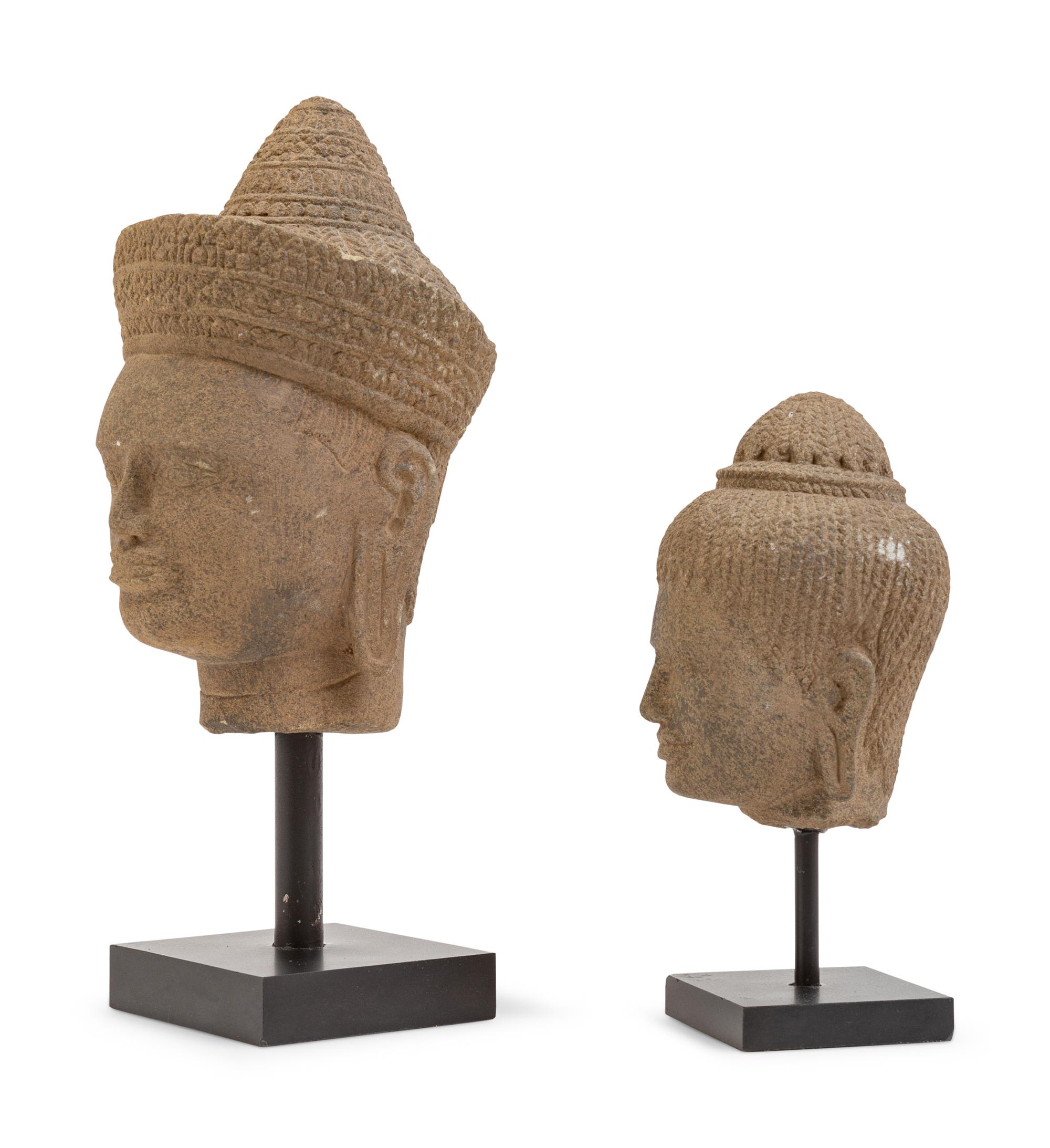 Two Khmer Style Stone Heads of Buddha