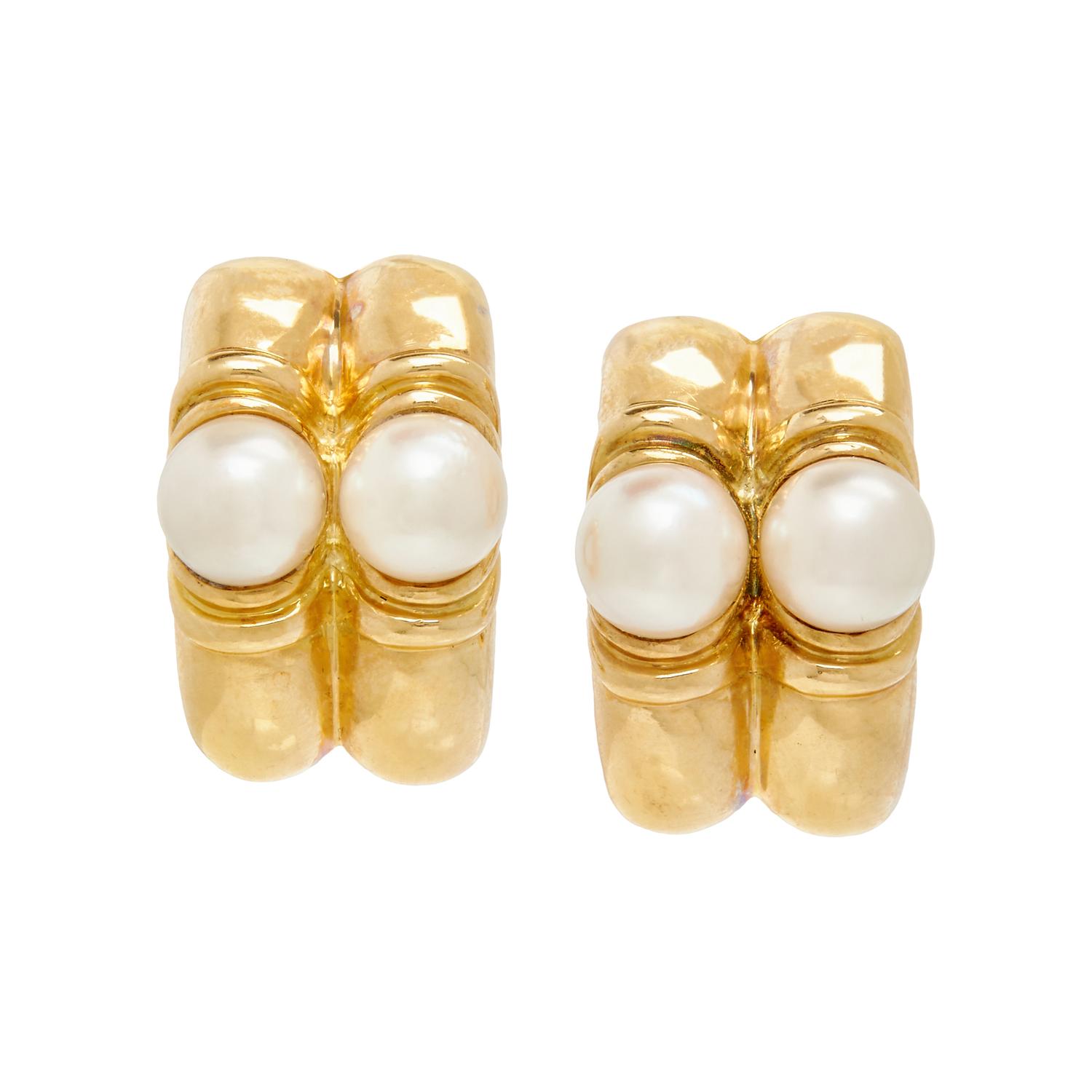 BULGARI, YELLOW GOLD AND CULTURED PEARL EARRINGS