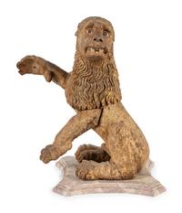 A Spanish Carved Wood and Polychrome Decorated Rampant Lion
