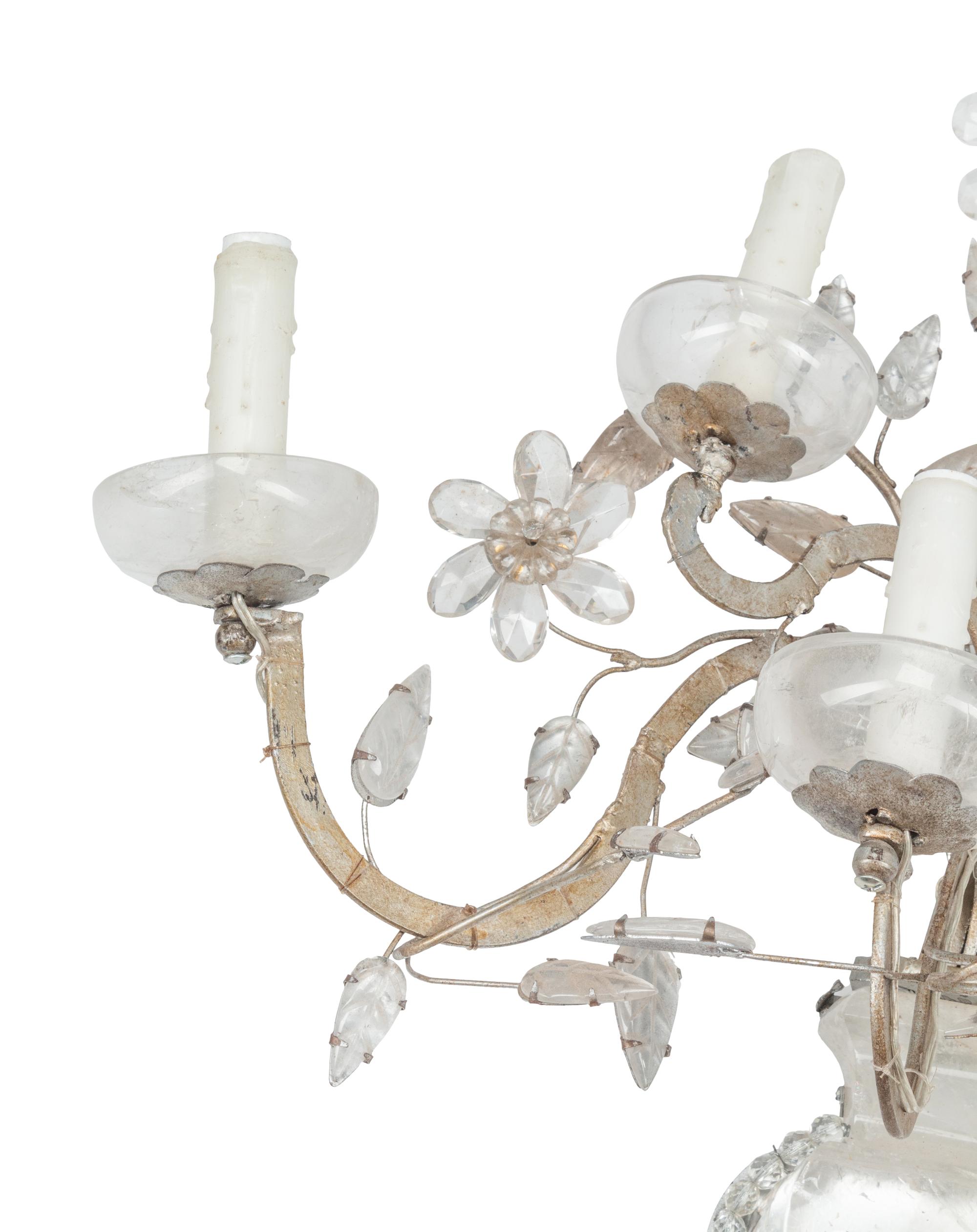 A Pair of Silvered Metal and Rock Crystal Five-Light Sconces in the Style of Maison Baguès