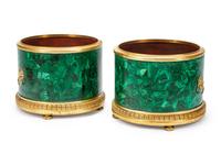 A Pair of Russian Gilt Bronze Mounted Malachite Veneered Planters