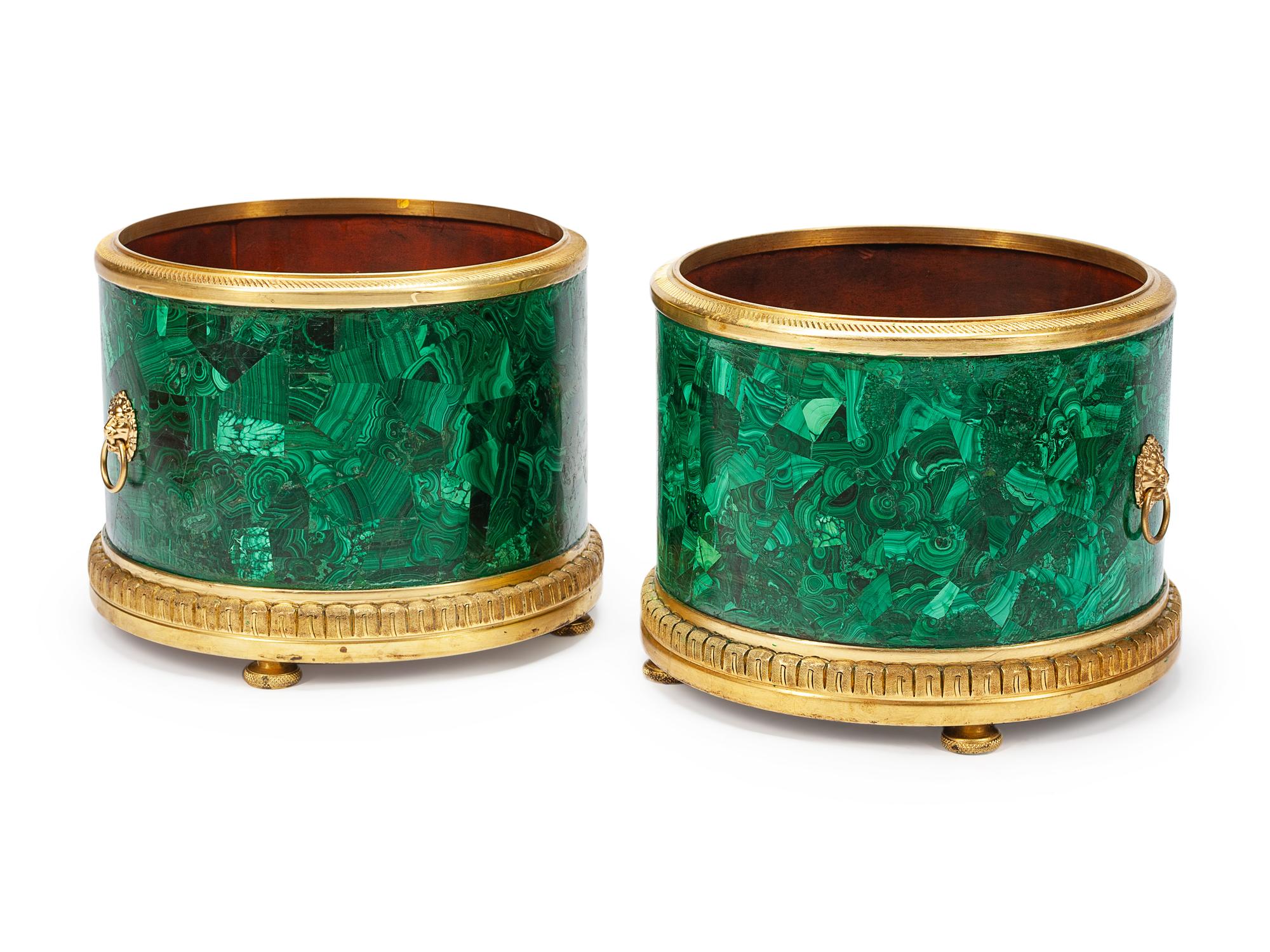 A Pair of Russian Gilt Bronze Mounted Malachite Veneered Planters