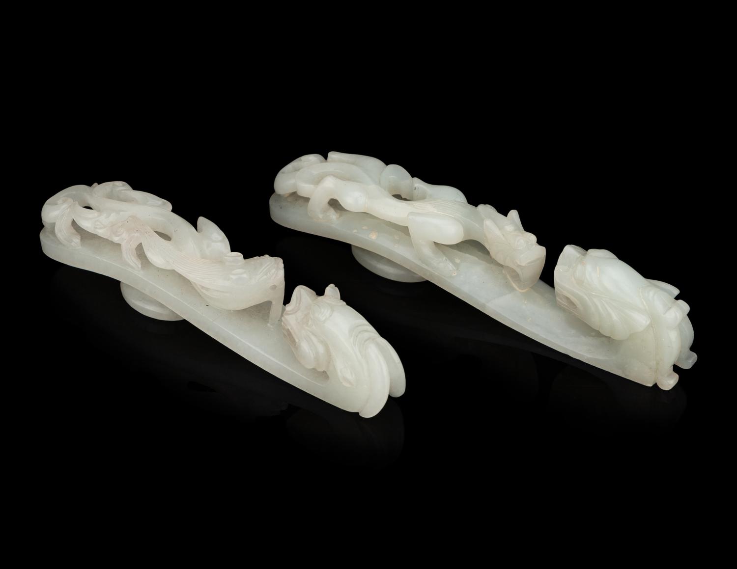 Two Chinese Carved Celadon Jade 'Chilong' Belt Hooks