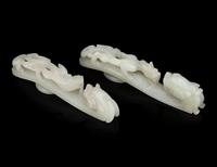 Two Chinese Carved Celadon Jade 'Chilong' Belt Hooks
