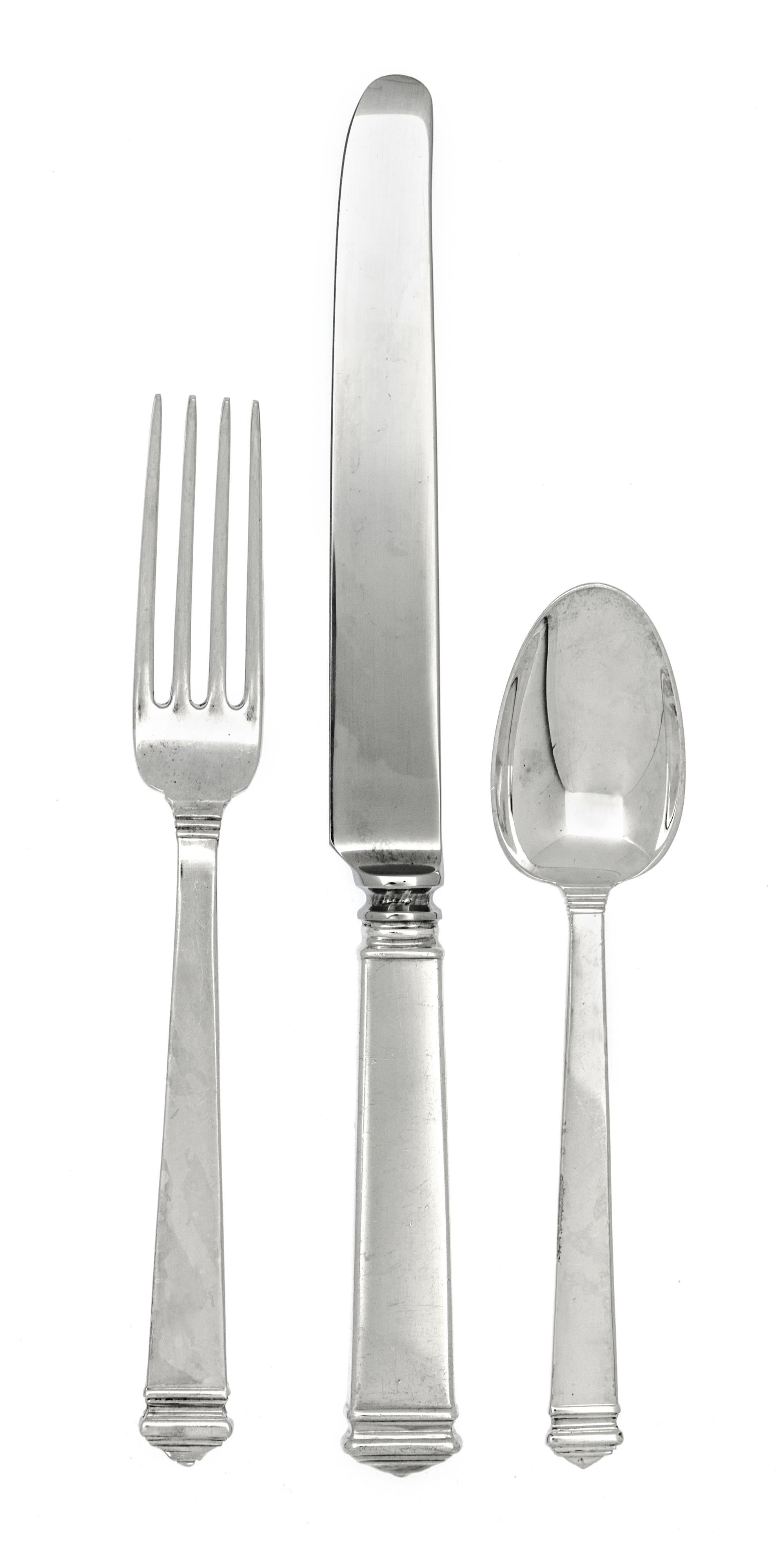 An American Silver Flatware Service, Tiffany & Co., New York, NY, Hampton pattern, comprising: 12 cream soup spoons 12 luncheon forks 1
