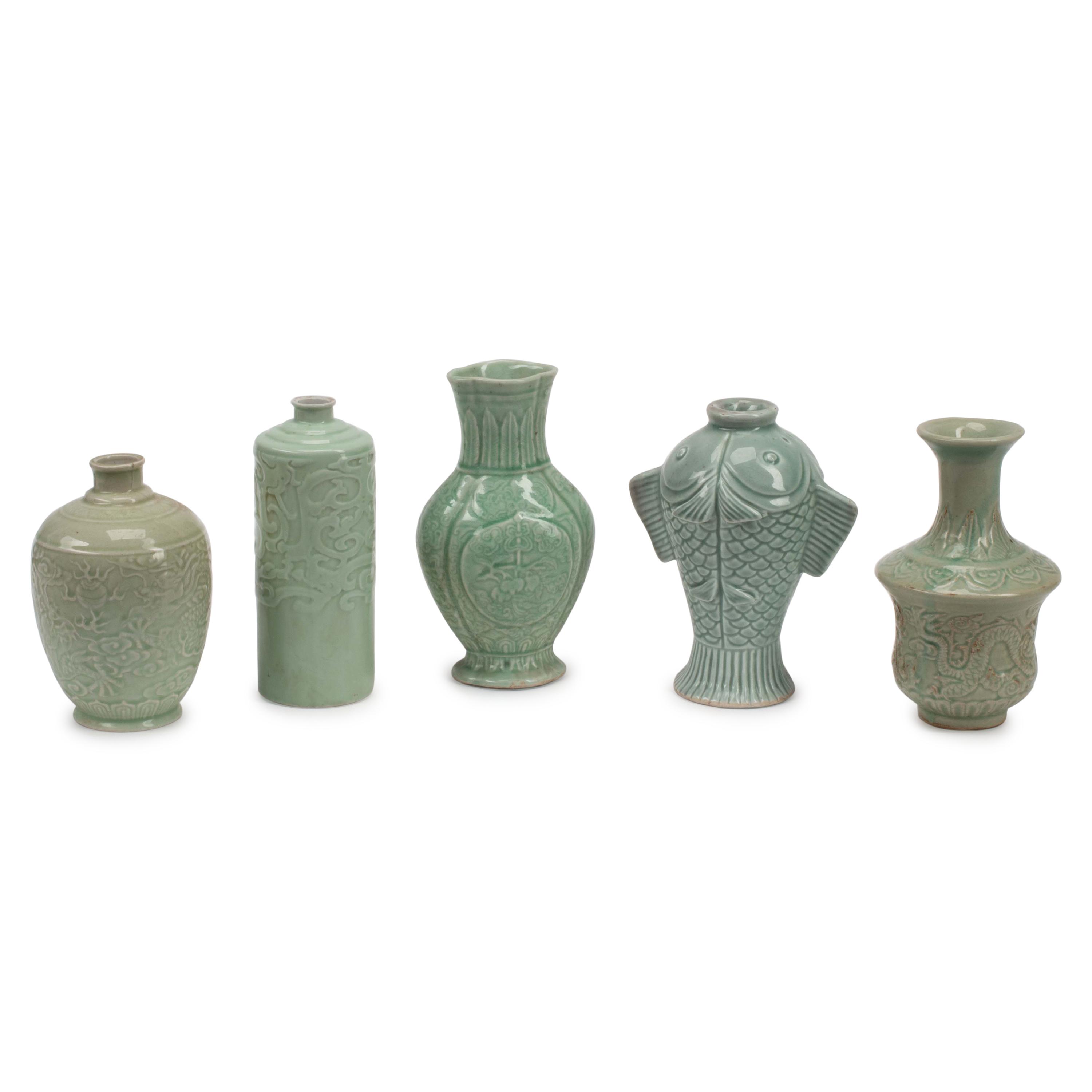 Five Chinese Celadon Glazed Porcelain Vases