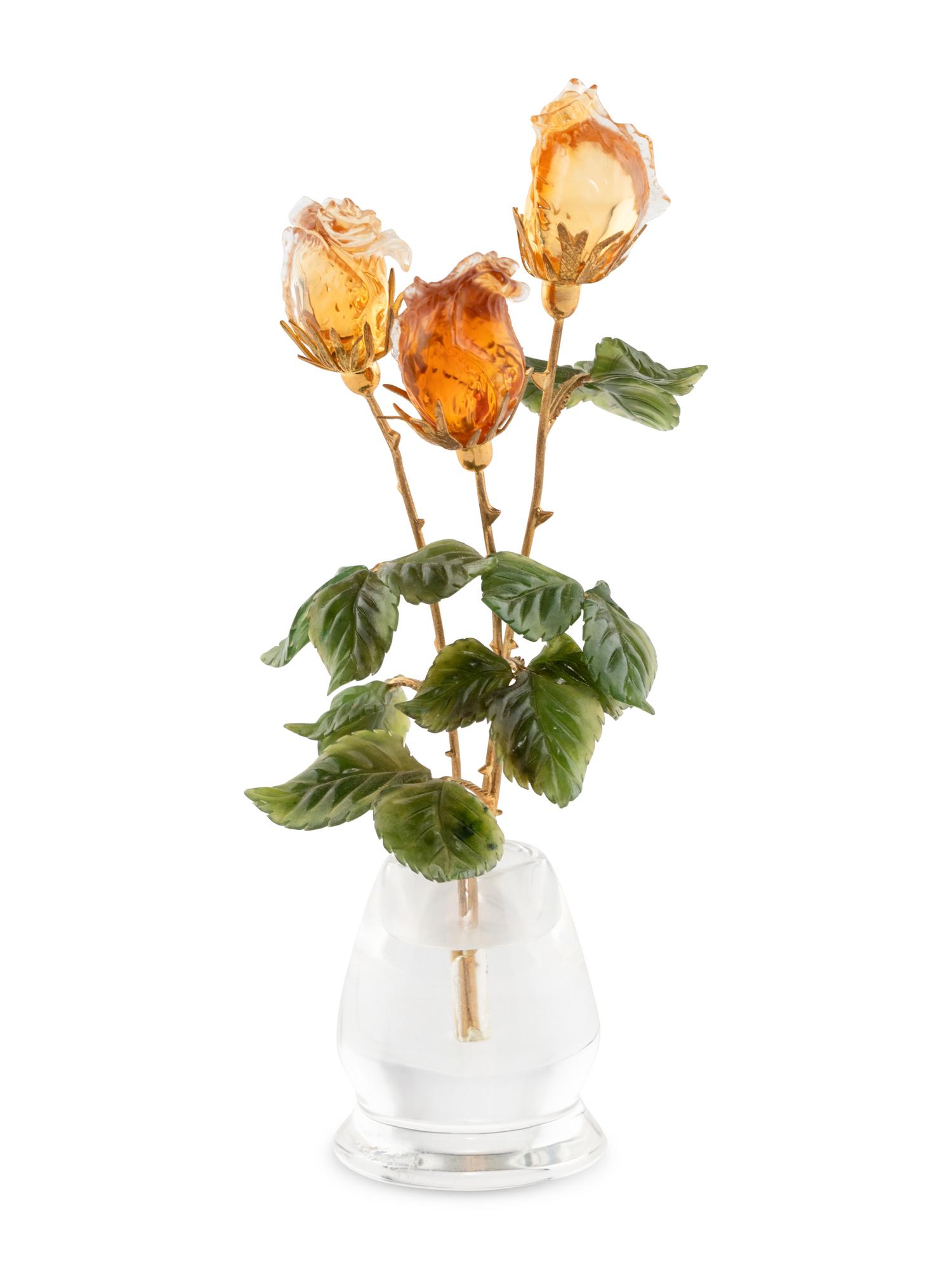 A Carved Rock Crystal and Hardstone Rose Flower Study