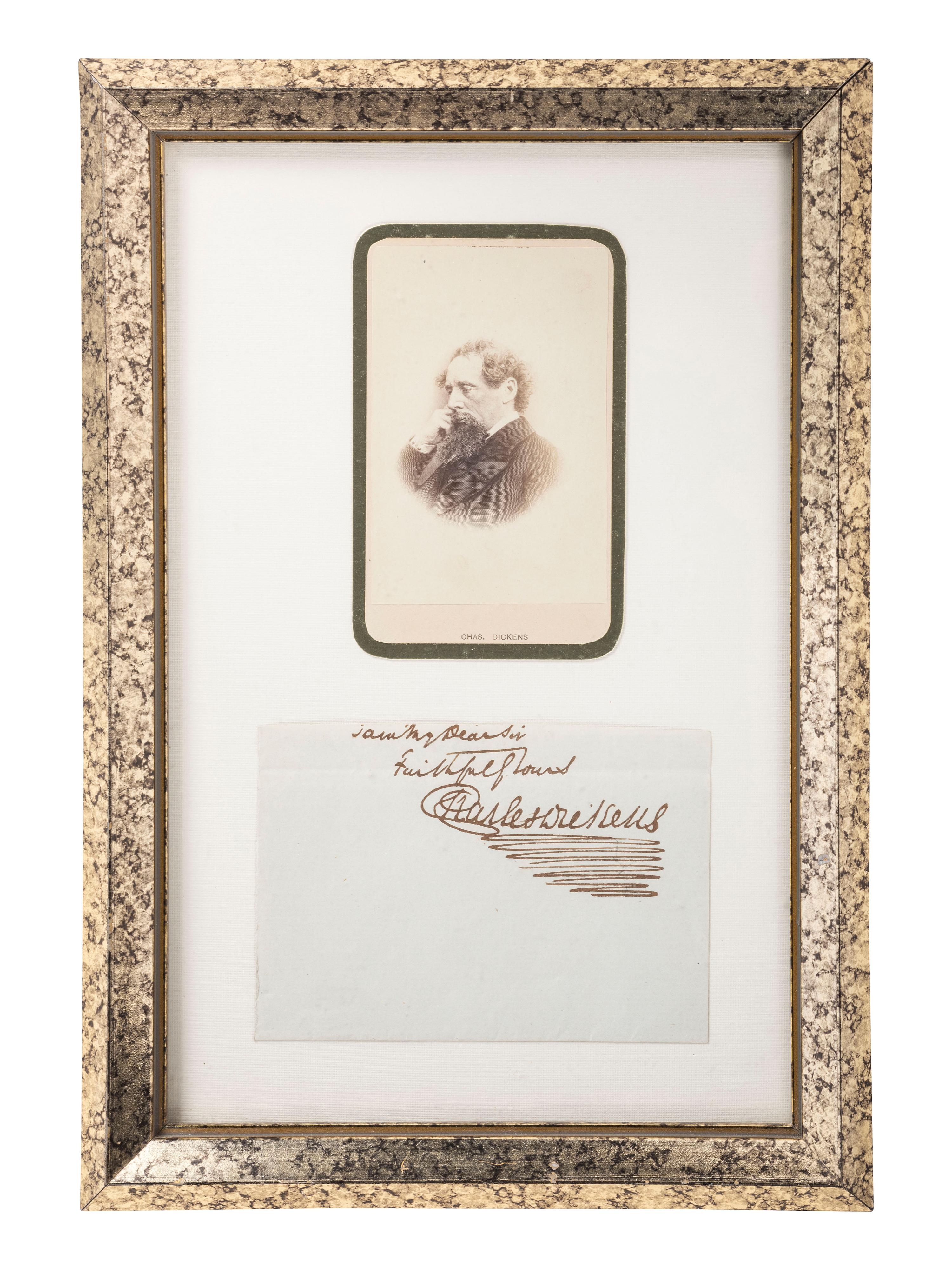 DICKENS, Charles (1812-1870). A group of 8 cartes de visite and an Autograph Sentiment Signed ("Charles Dickens").