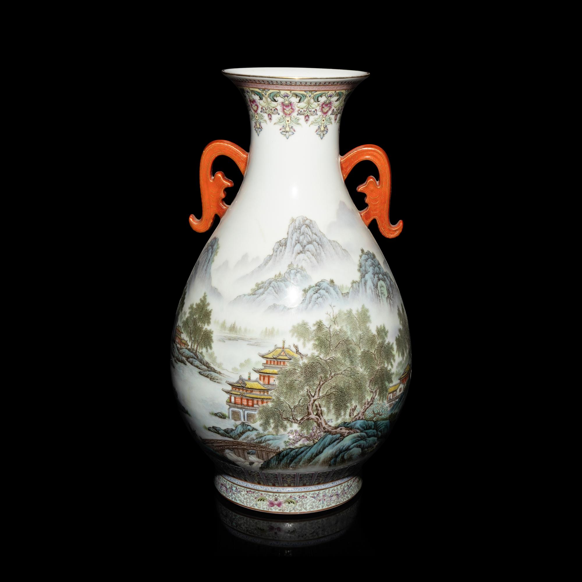 A Chinese Famille Rose Porcelain 'Landscape' Yuhuchun Vase, 20th Century — 近代 粉彩山水圖雙耳瓶